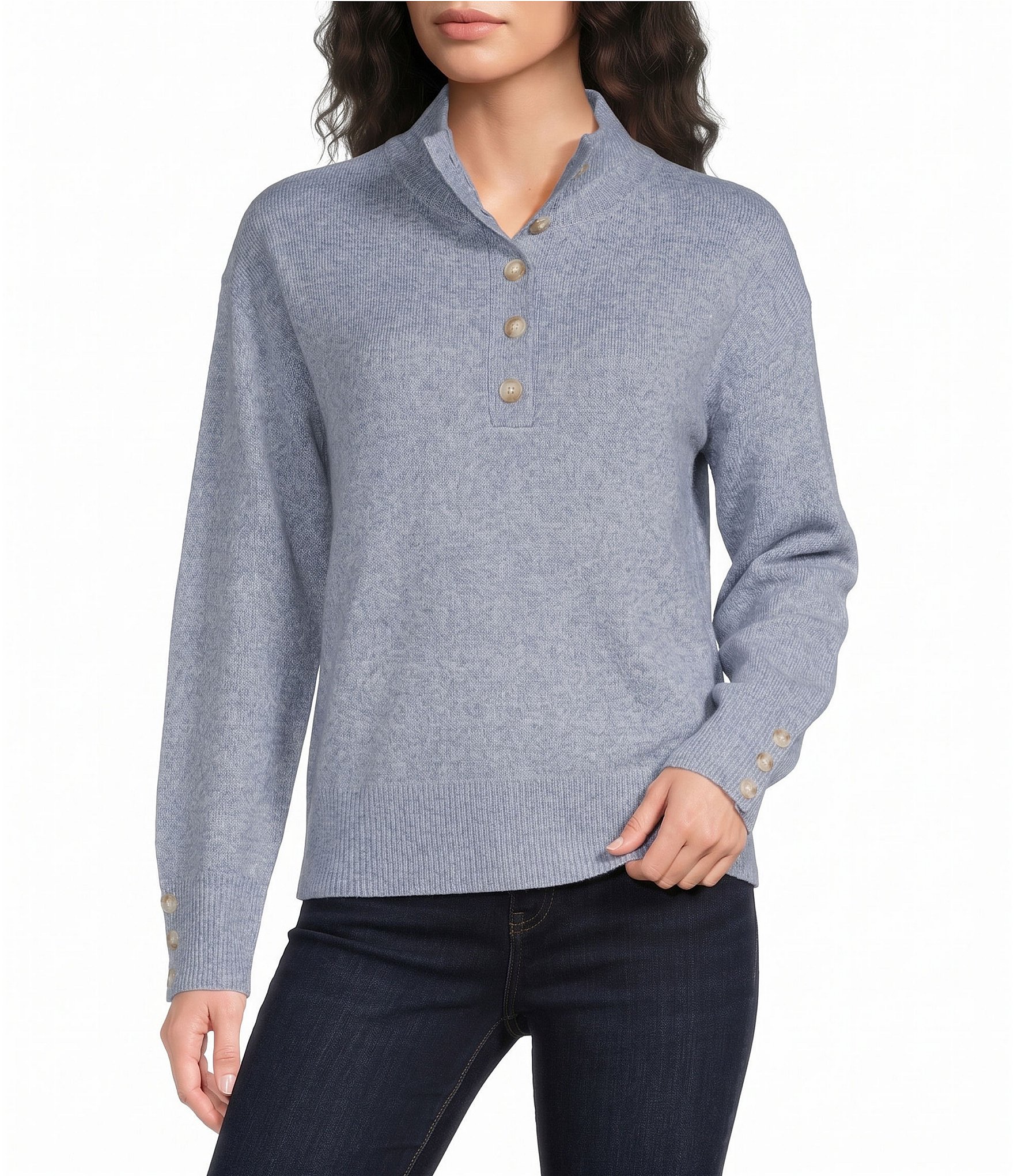 The Normal Brand Marianna Rib Knit Stand Collar Button Placket Popover Sweater