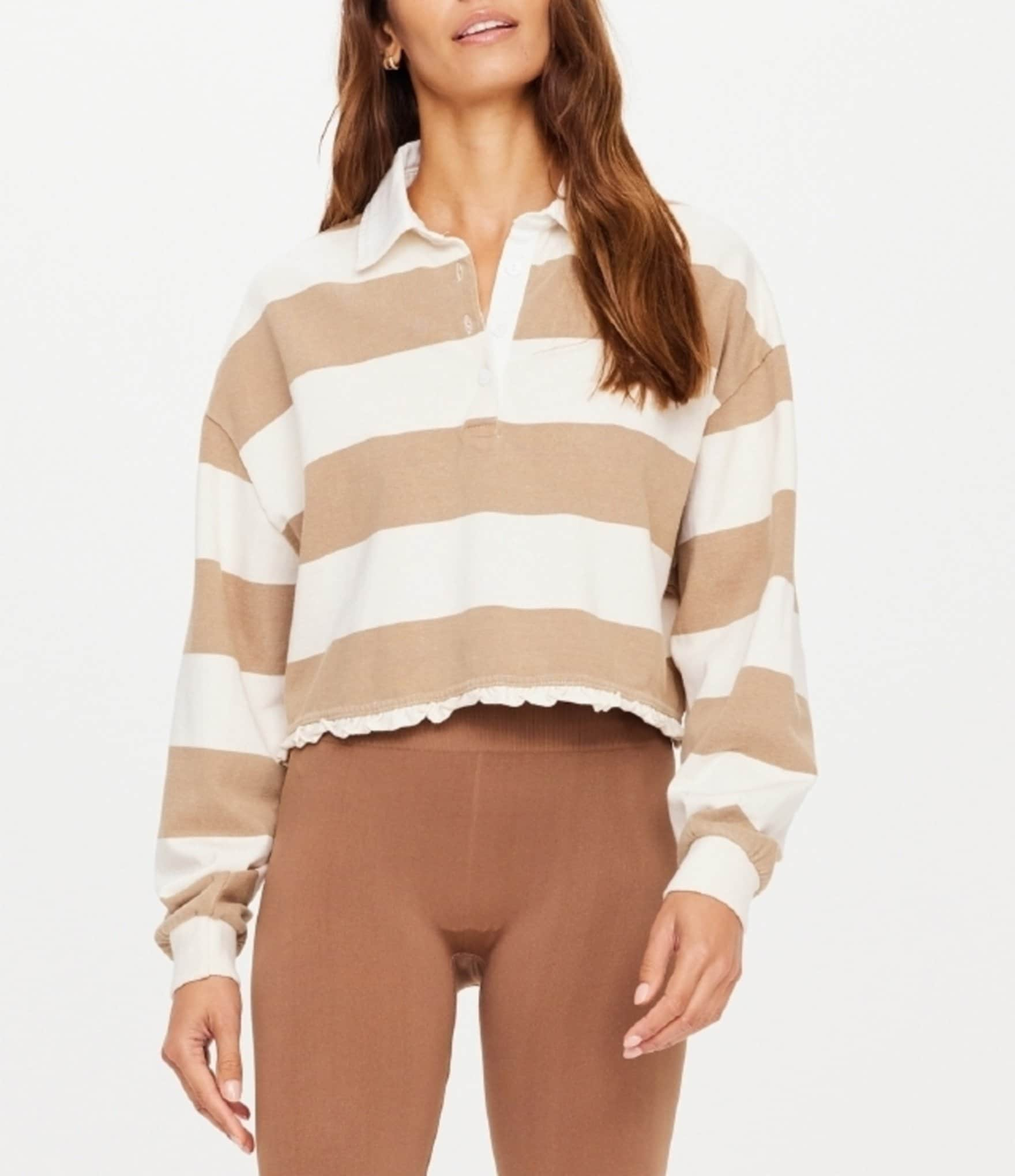 The Upside Duke Crop Ruffle Hem Rugby Stripe Polo Top