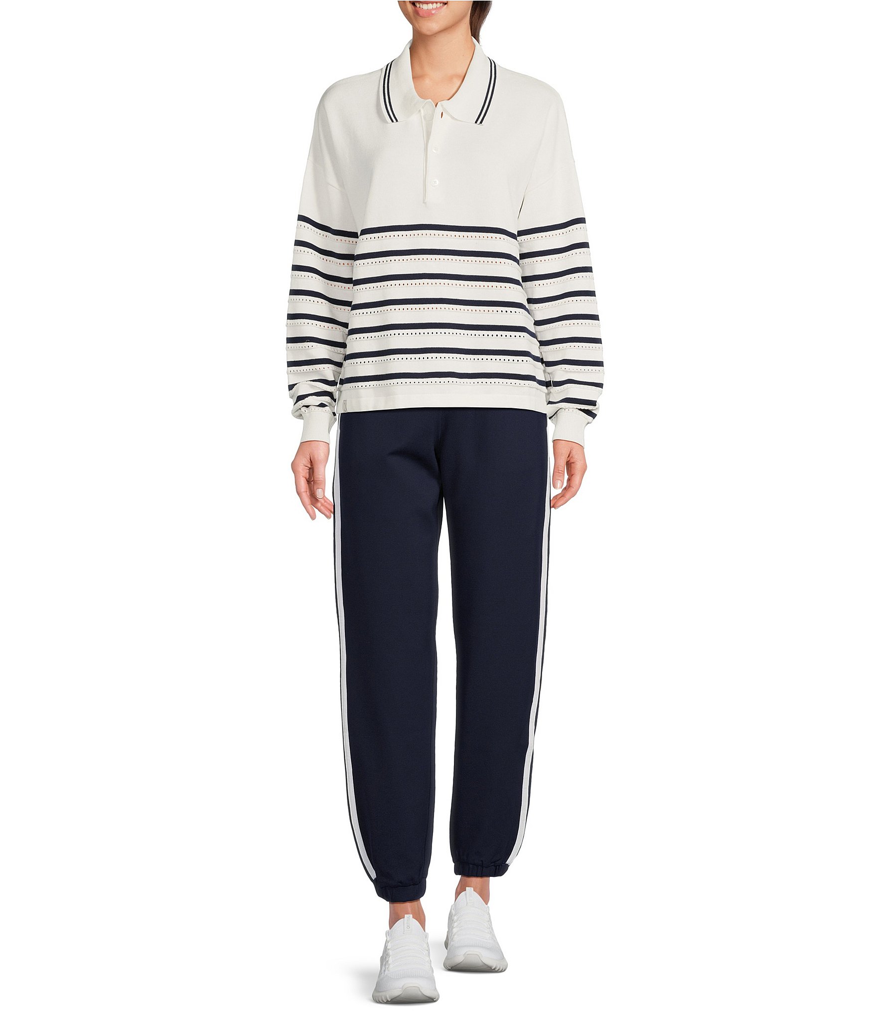 The Upside Wonder Knit Stripe Eyelet Dot Point Collar Long Sleeve Button Front Polo
