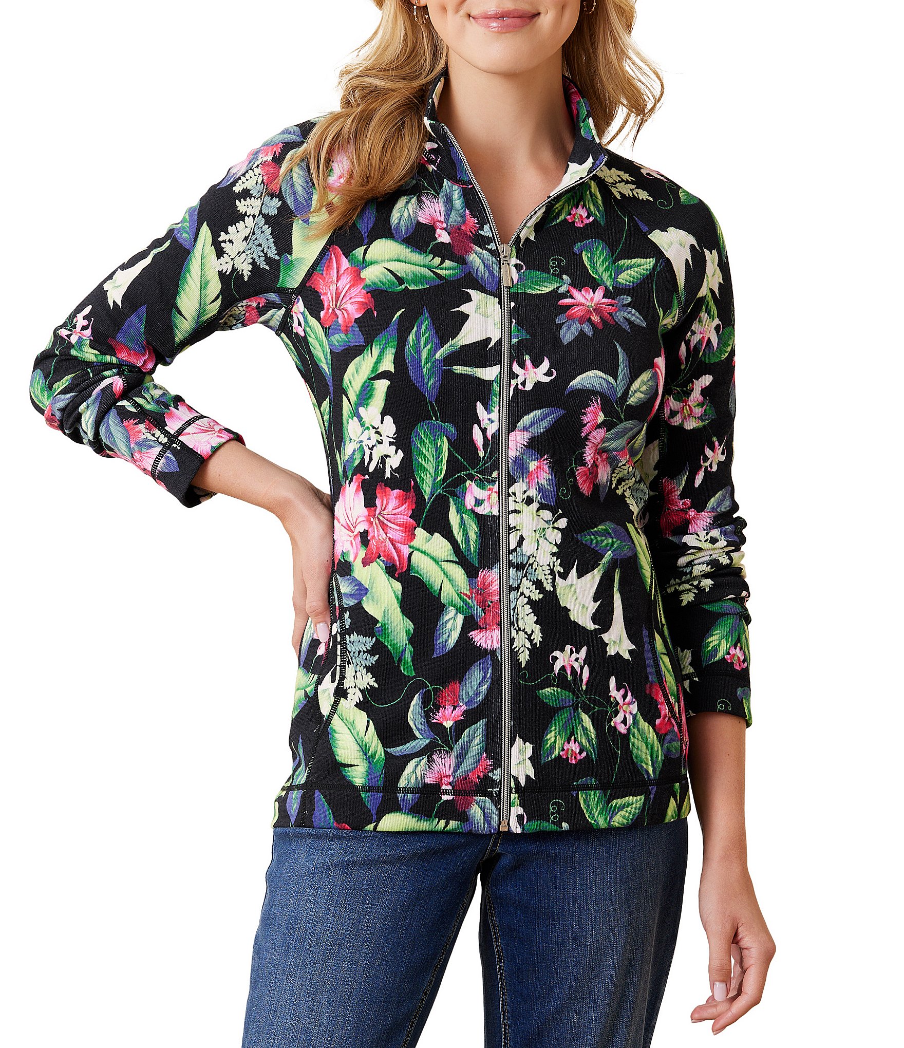 Tommy Bahama Aruba Fancy Floral Stretch Knit Zip Stand Collar Long ...