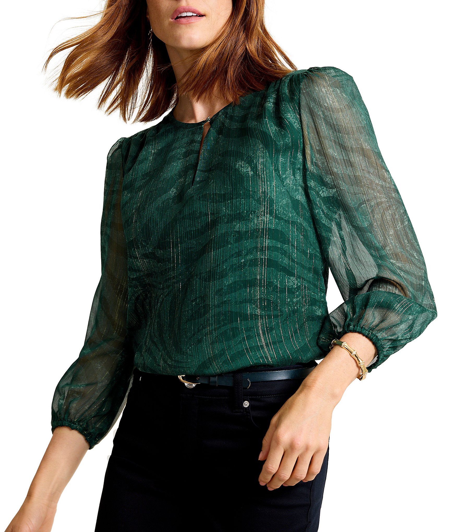 Tommy Bahama Bayside Zebra Sheer Metallic Keyhole Neckline Long Sleeve Blouse