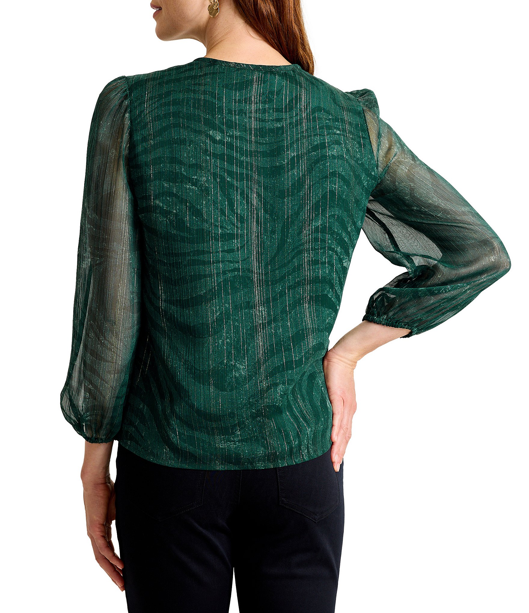 Tommy Bahama Bayside Zebra Sheer Metallic Keyhole Neckline Long Sleeve Blouse