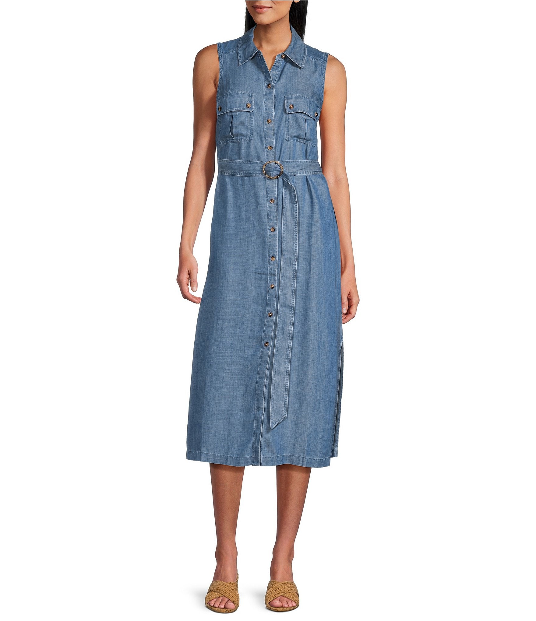 Tommy Bahama Chambray Collared Neck Sleeveless Button Front Dress ...