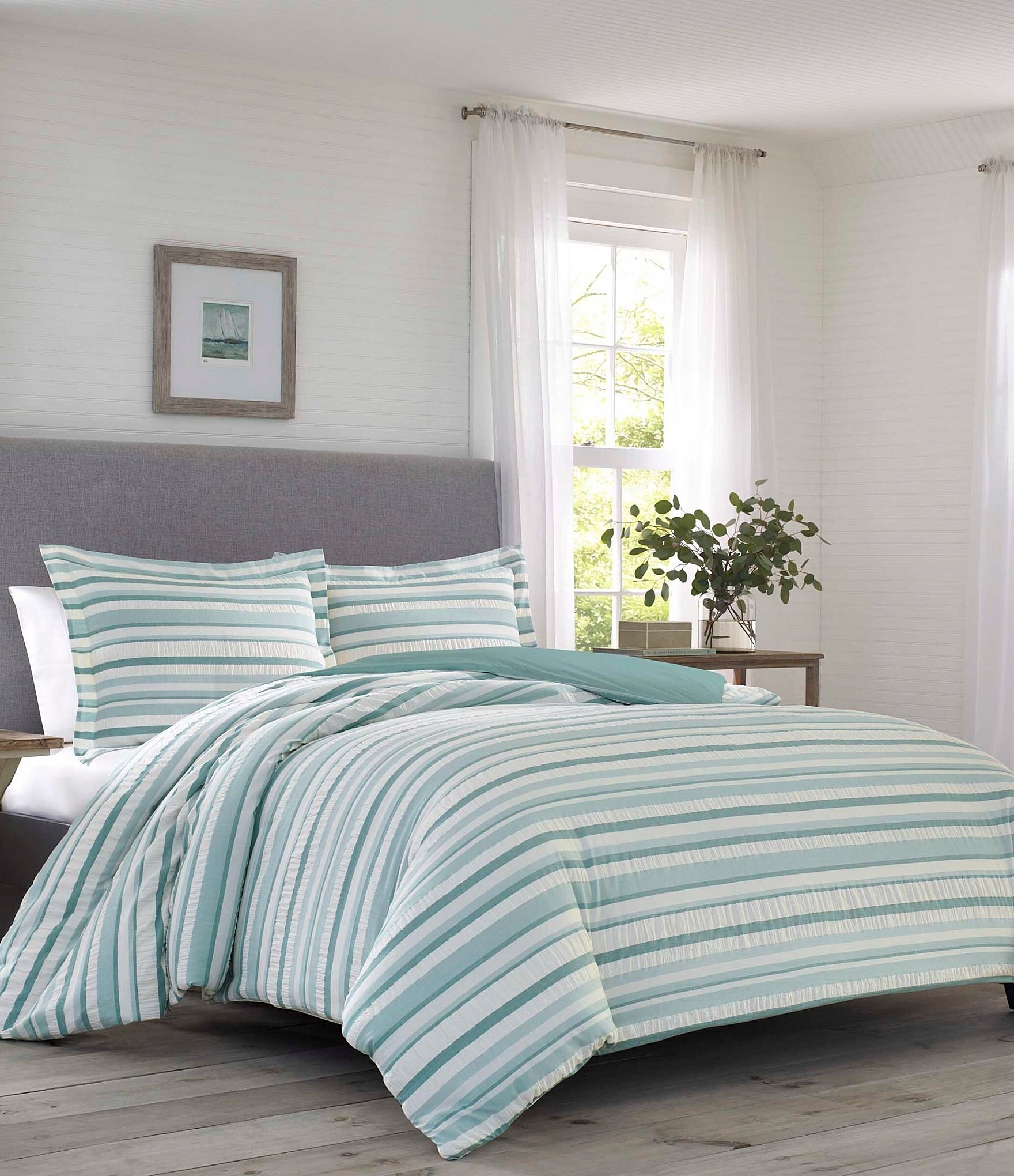 Tommy Bahama Clearwater Cay Striped Seersucker Cotton Reversible Duvet Cover Mini Set