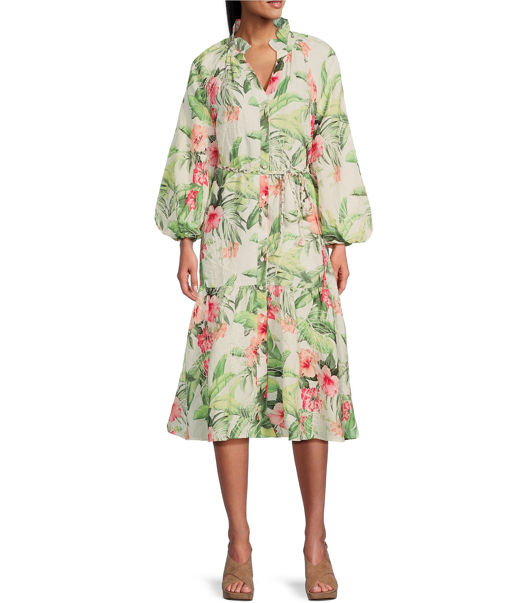 Tommy Bahama Day Break Hibiscus Puff Long Sleeve Belted Midi