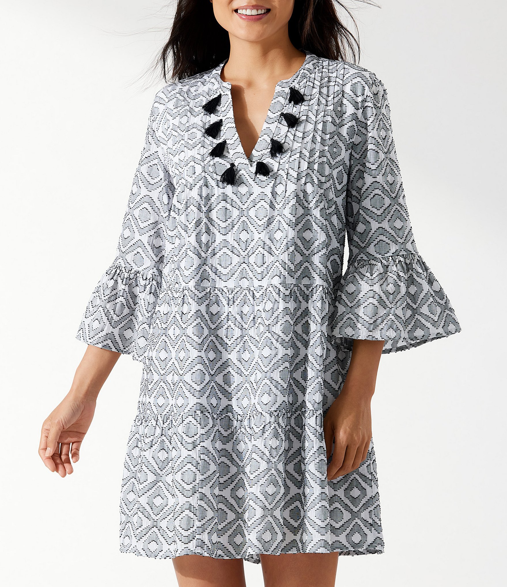 Cotton Clip Jacquard Tiered Shirt Dress