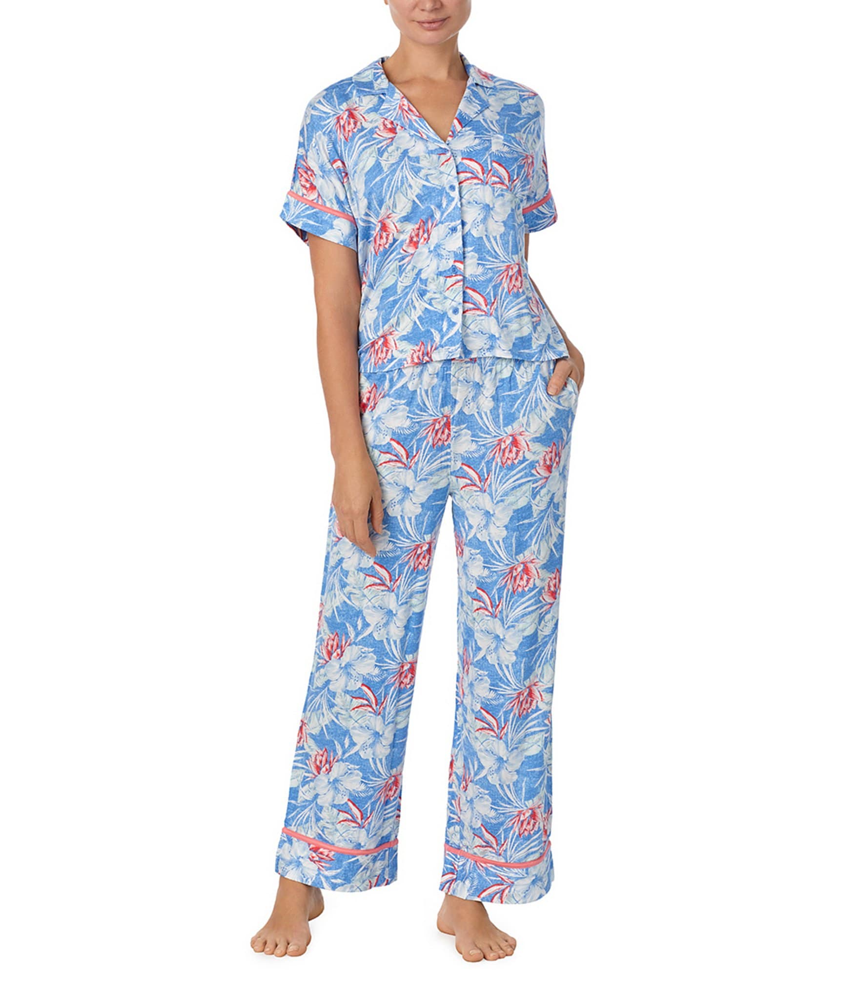 Tommy Bahama Floral Print Short Sleeve Notch Collar Long Knit Pajama ...