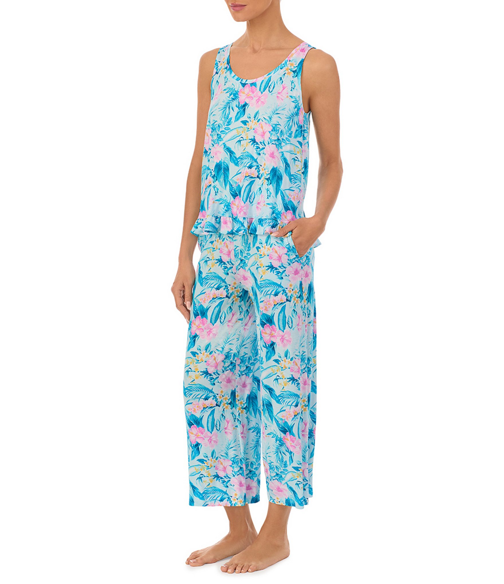 Tommy Bahama Floral Print Sleeveless Round Neck Cropped Pant Pajama Set