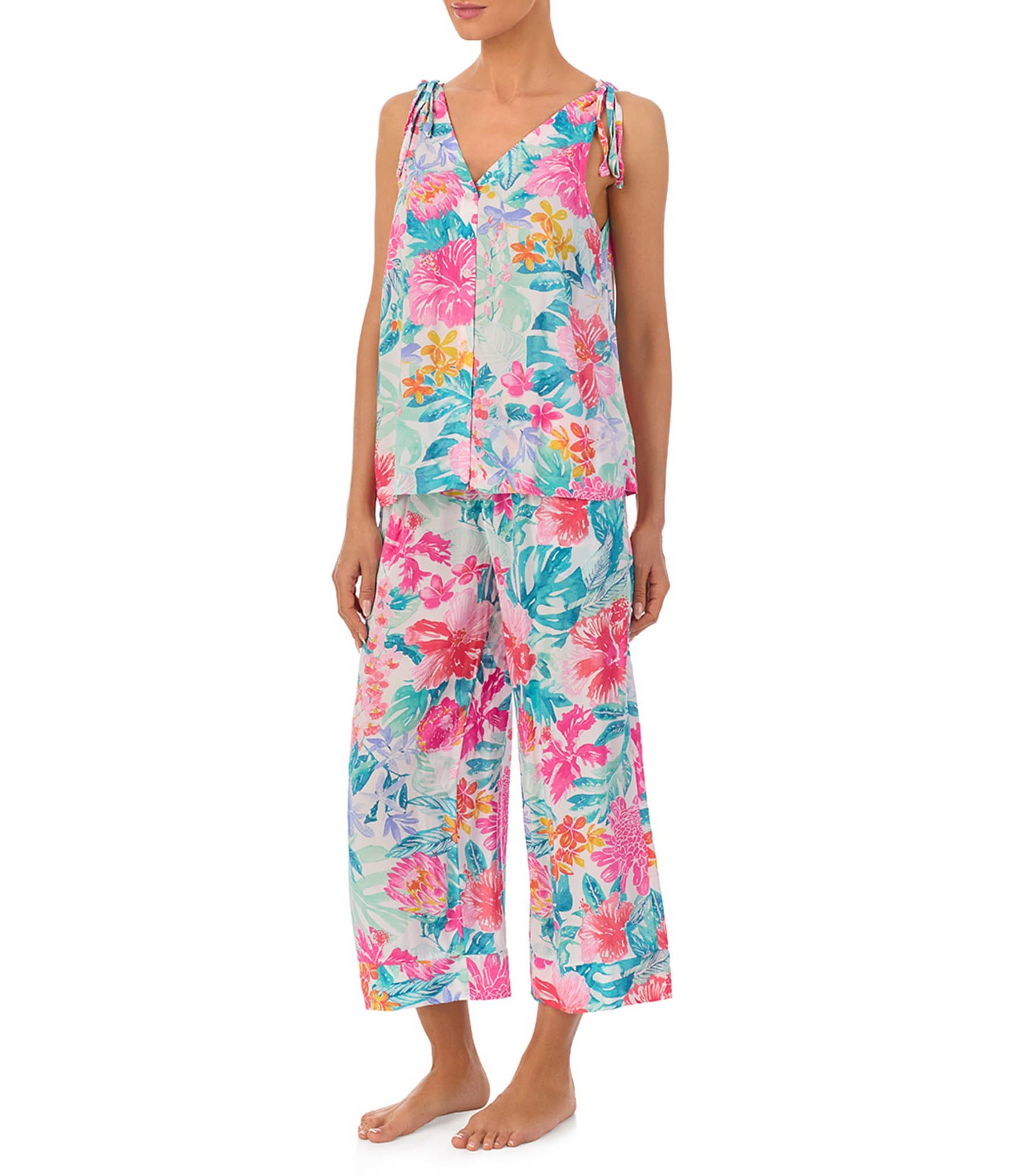 Tommy Bahama Floral Print Sleeveless V-Neck Knit Cropped Pajama Set