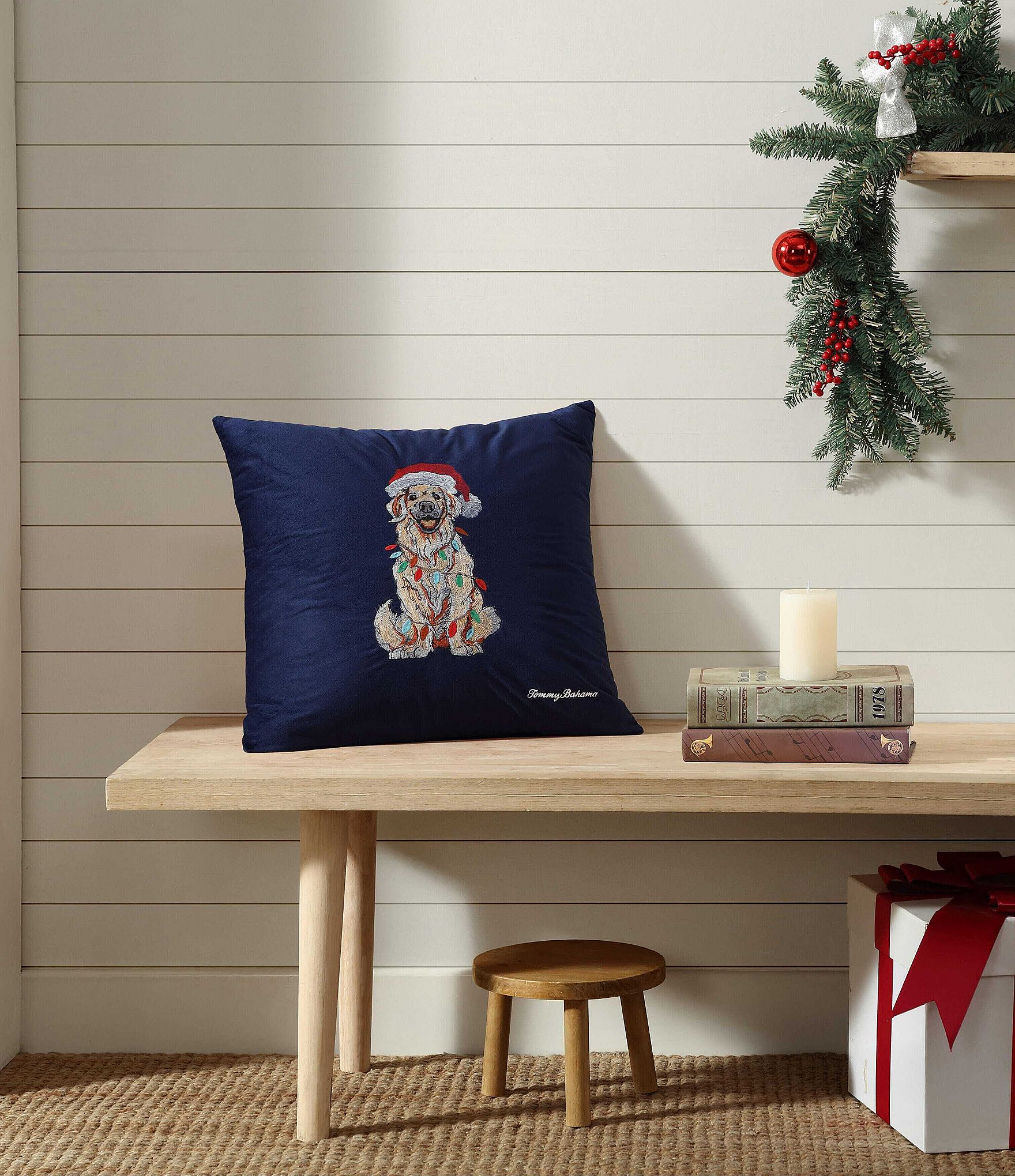 Tommy Bahama Holiday Retriever Blue Felt Decorative Throw Pillow