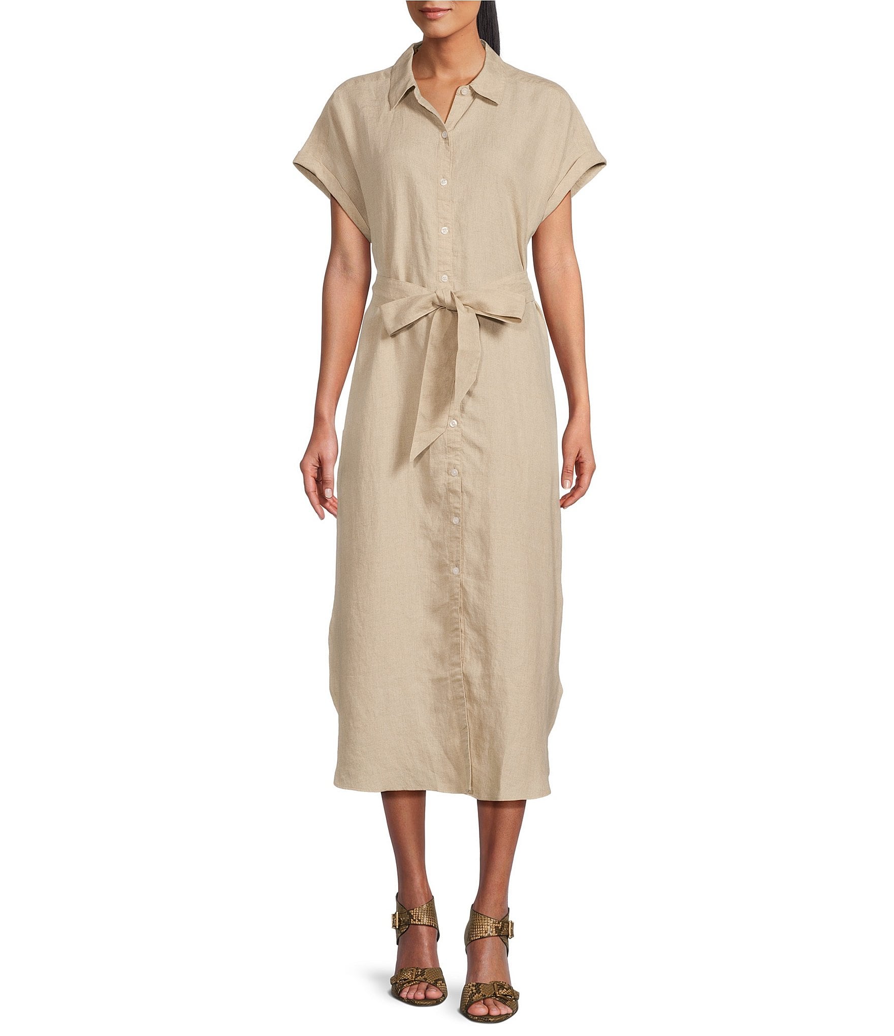 Linen Shift Dress With 3/4 Sleeves, Midi Linen Dress With Pockets