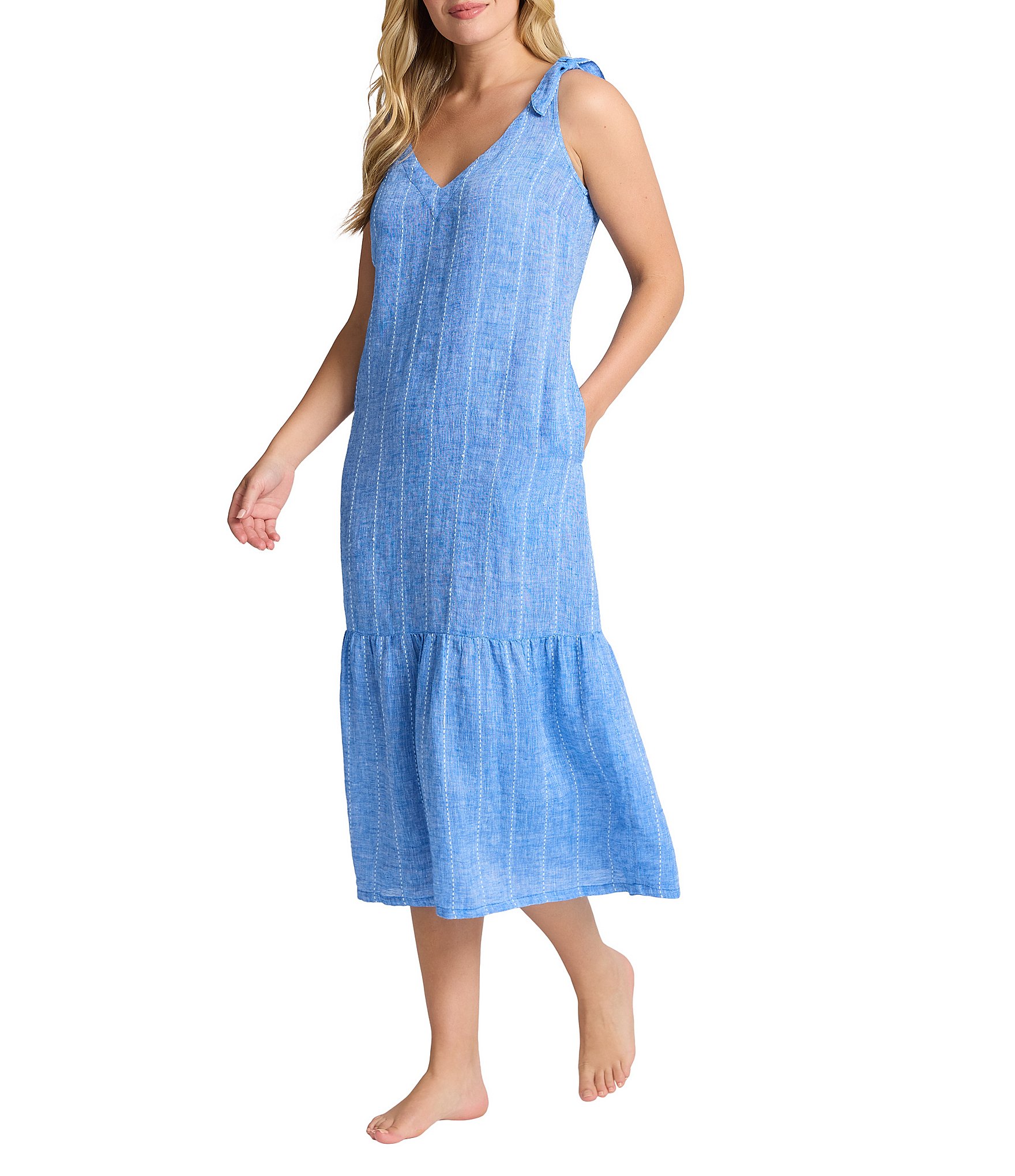 Tommy Bahama Linen Stripe V-Neck Sleeveless Bow Shoulder Midi Dress Swim Cover-Up