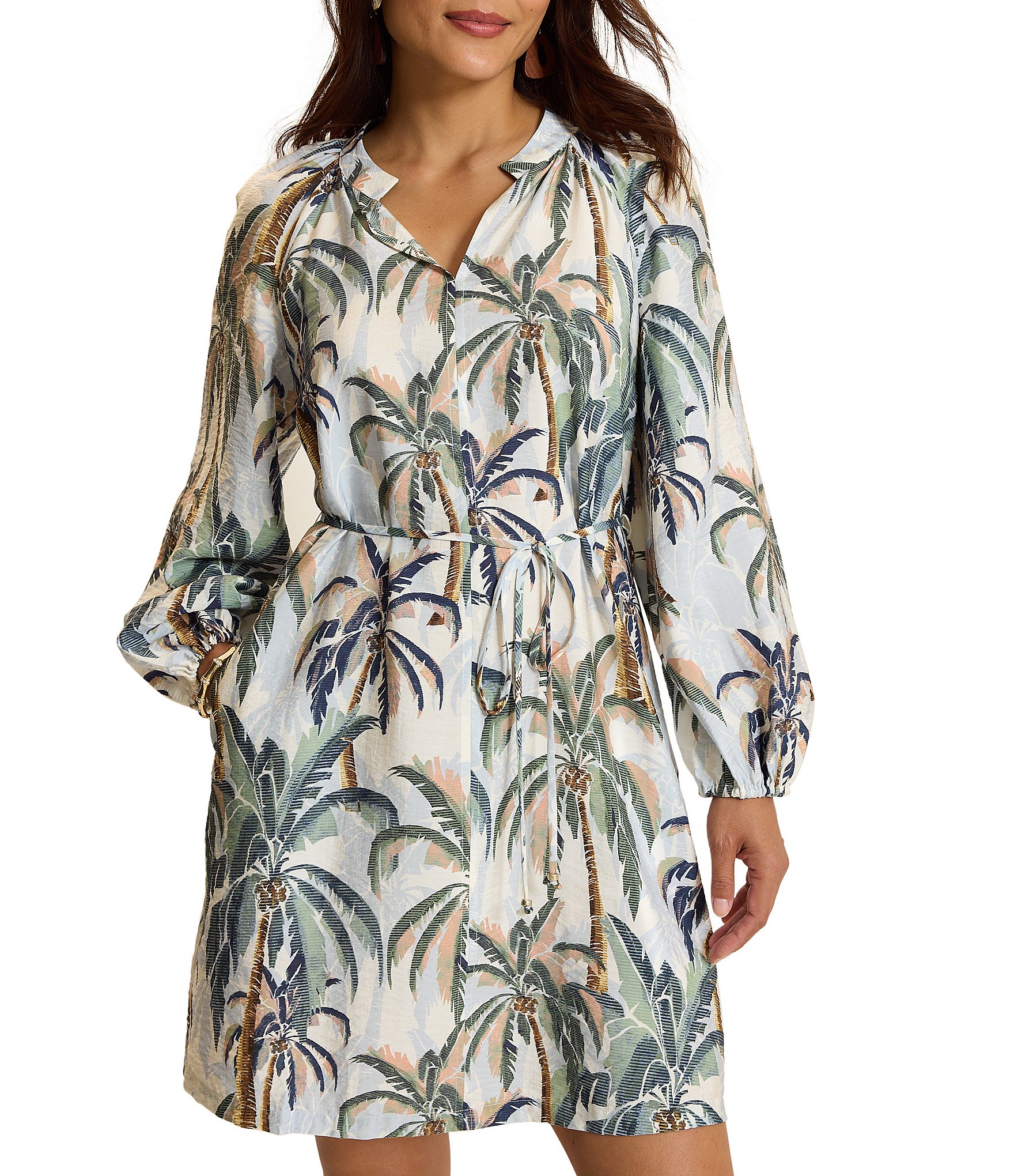 Tommy Bahama Palm Oasis Woven Print Split V-Round Neck Long Sleeve Blouson Dress
