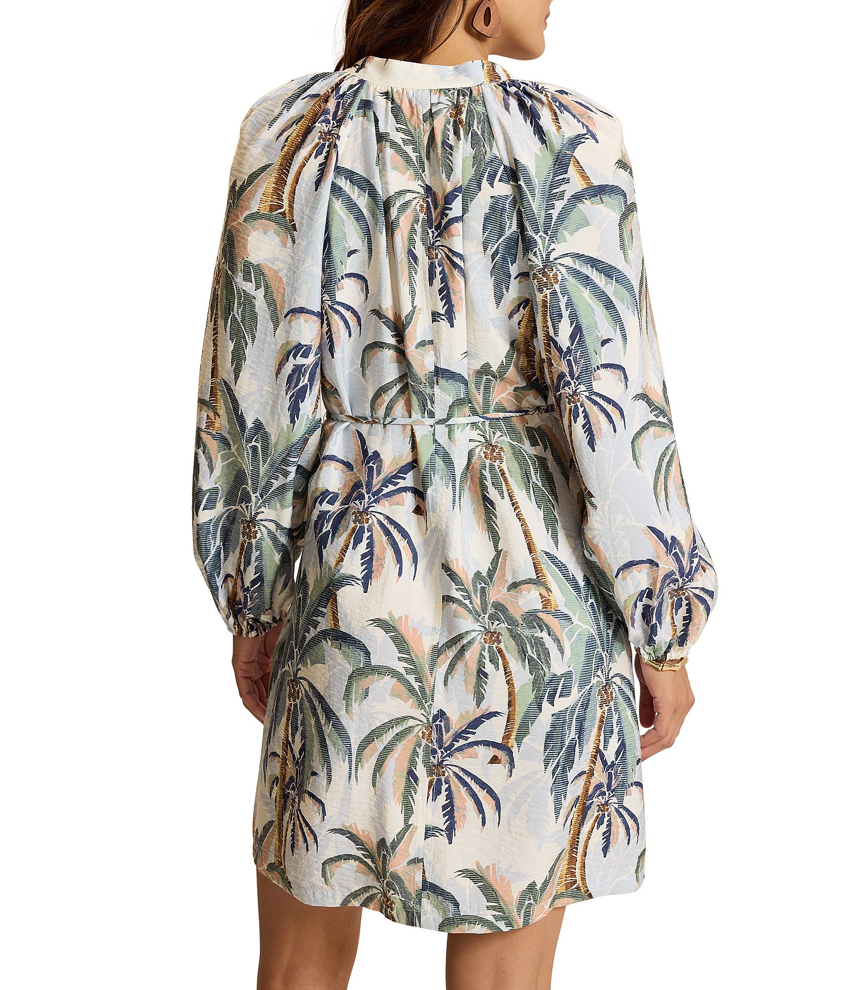 Tommy Bahama Palm Oasis Woven Print Split V-Round Neck Long Sleeve Blouson Dress