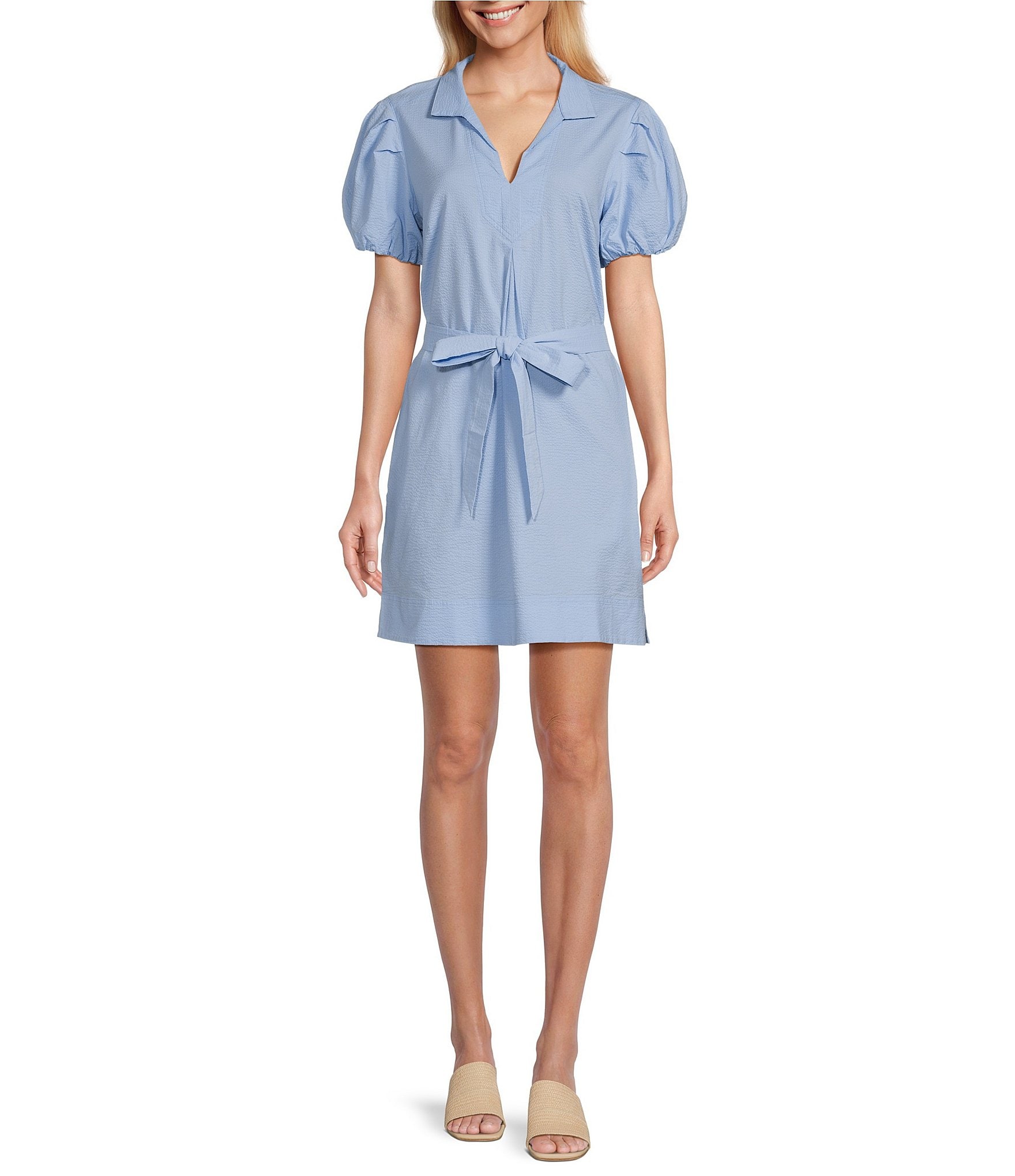 Tommy Bahama Point Collar Y-Neck Short Puff Sleeve Tie Waist Mini Dress ...