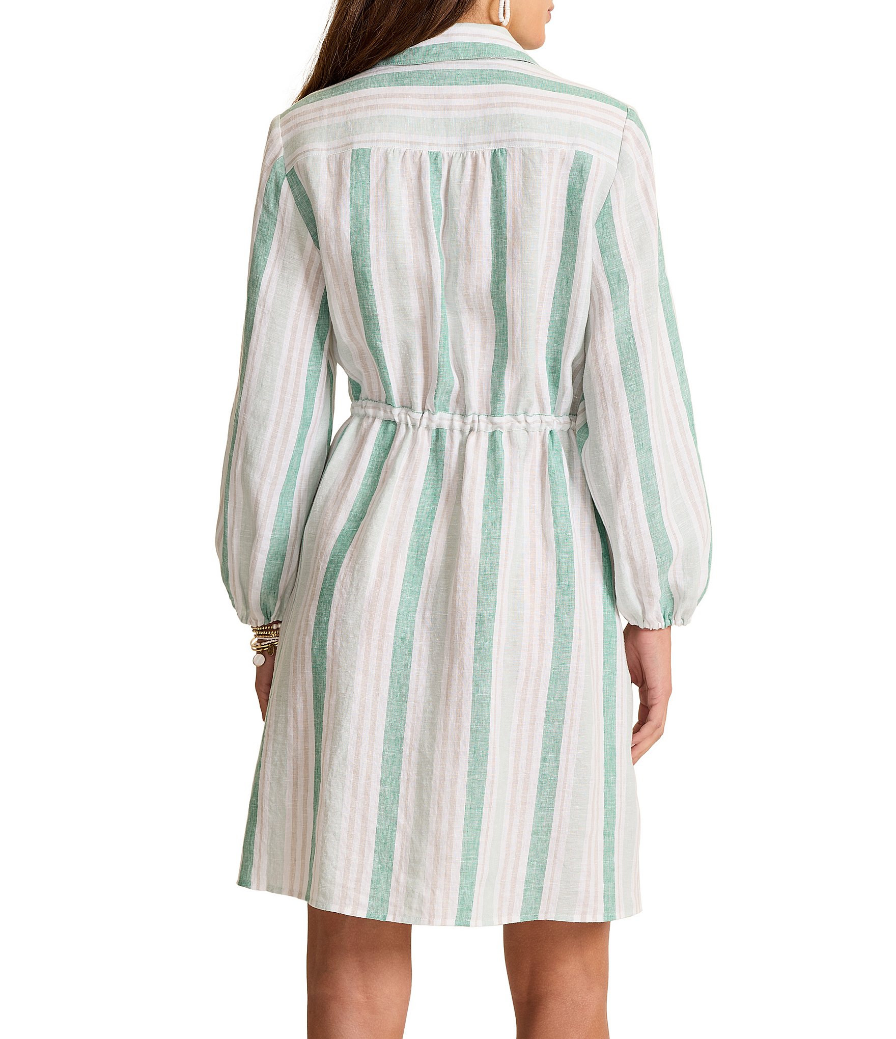Tommy Bahama Seaside Cove Linen Yarn Dyed Stripe Point Collar Long Sleeve Button Front Shirt Dress