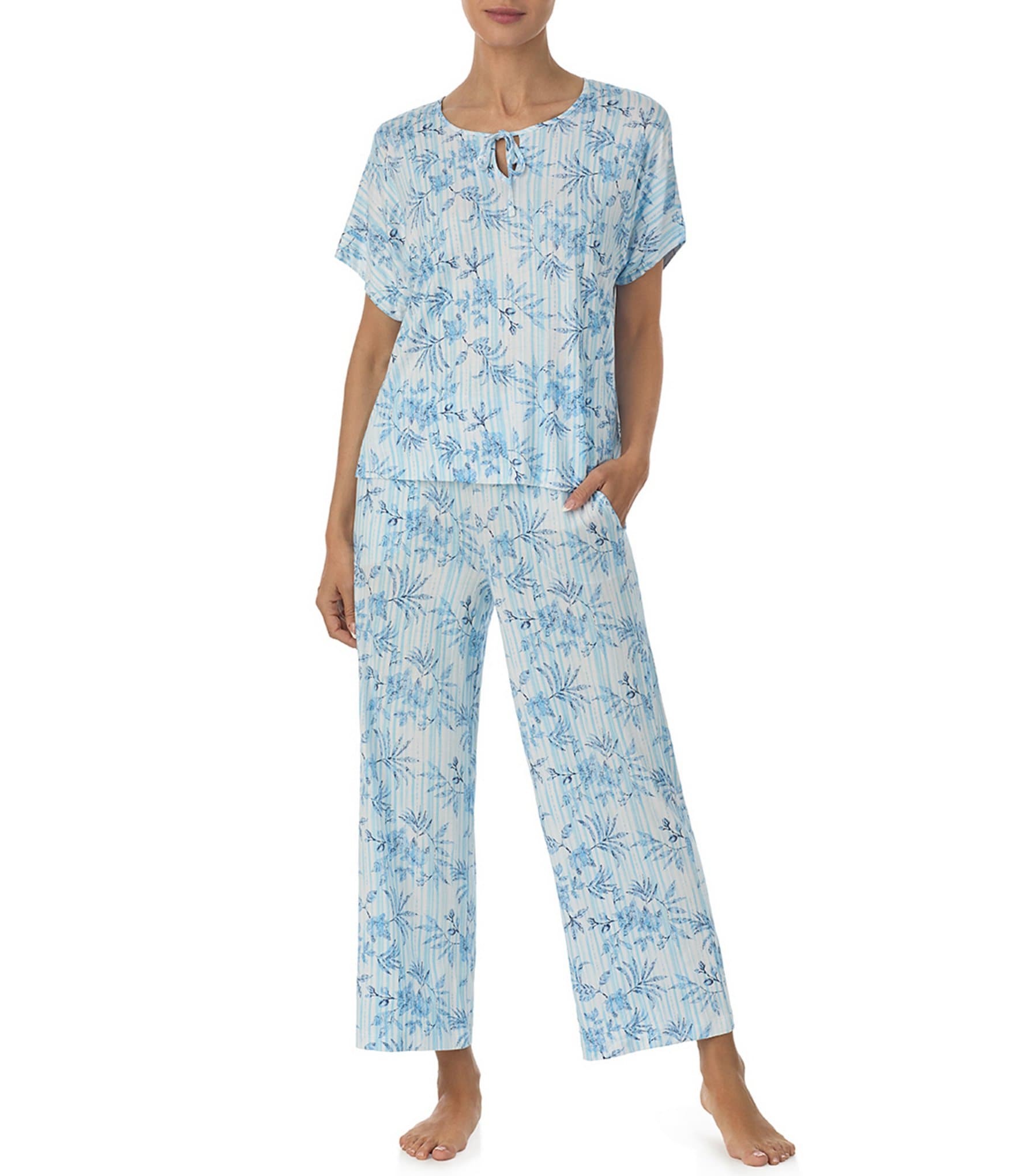 Tommy Bahama Short Sleeve Round Neck Knit Palm Print Pant Pajama Set