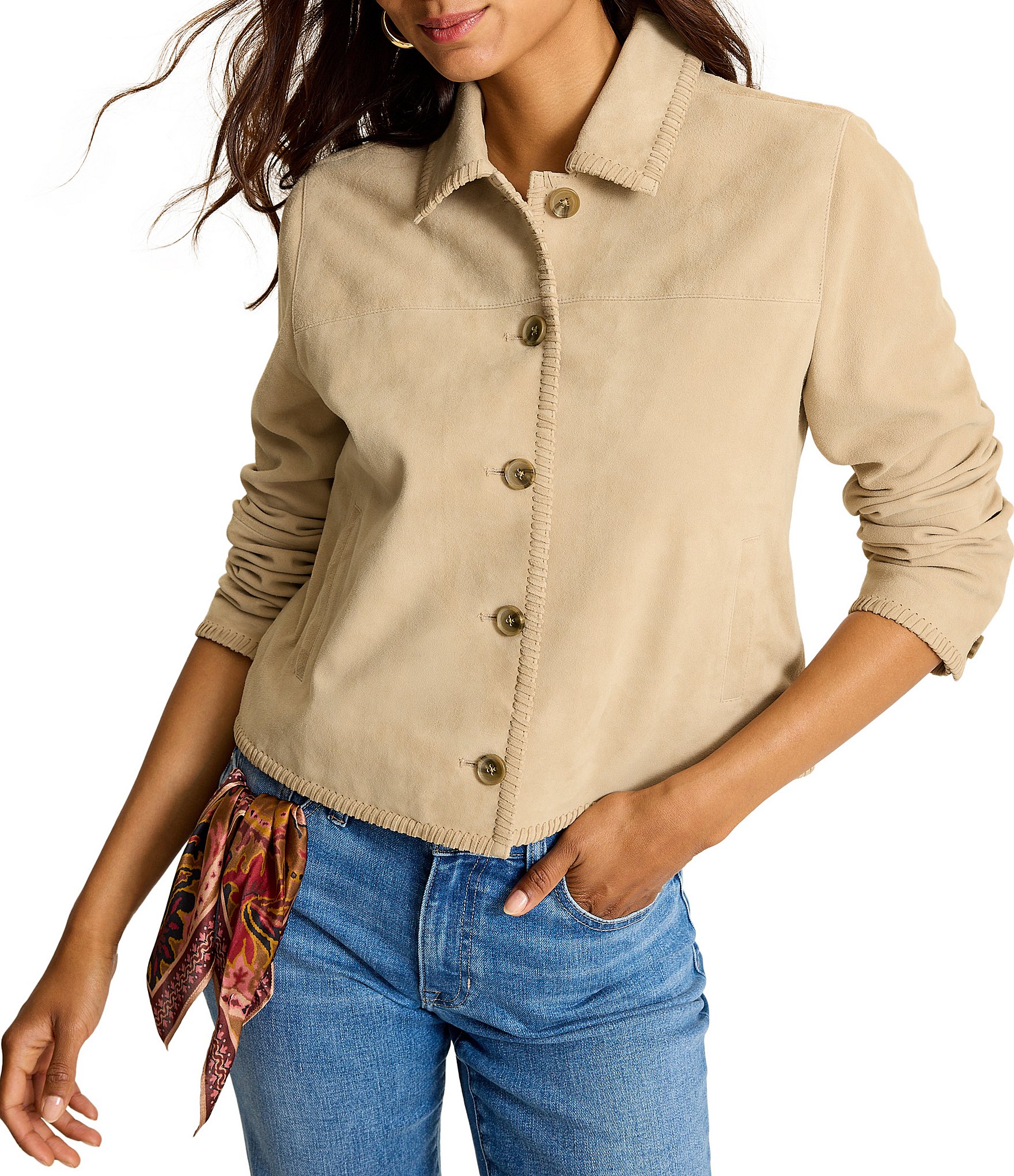 Tommy Bahama Suede Convertible Collar Long Sleeve Button Front Jacket