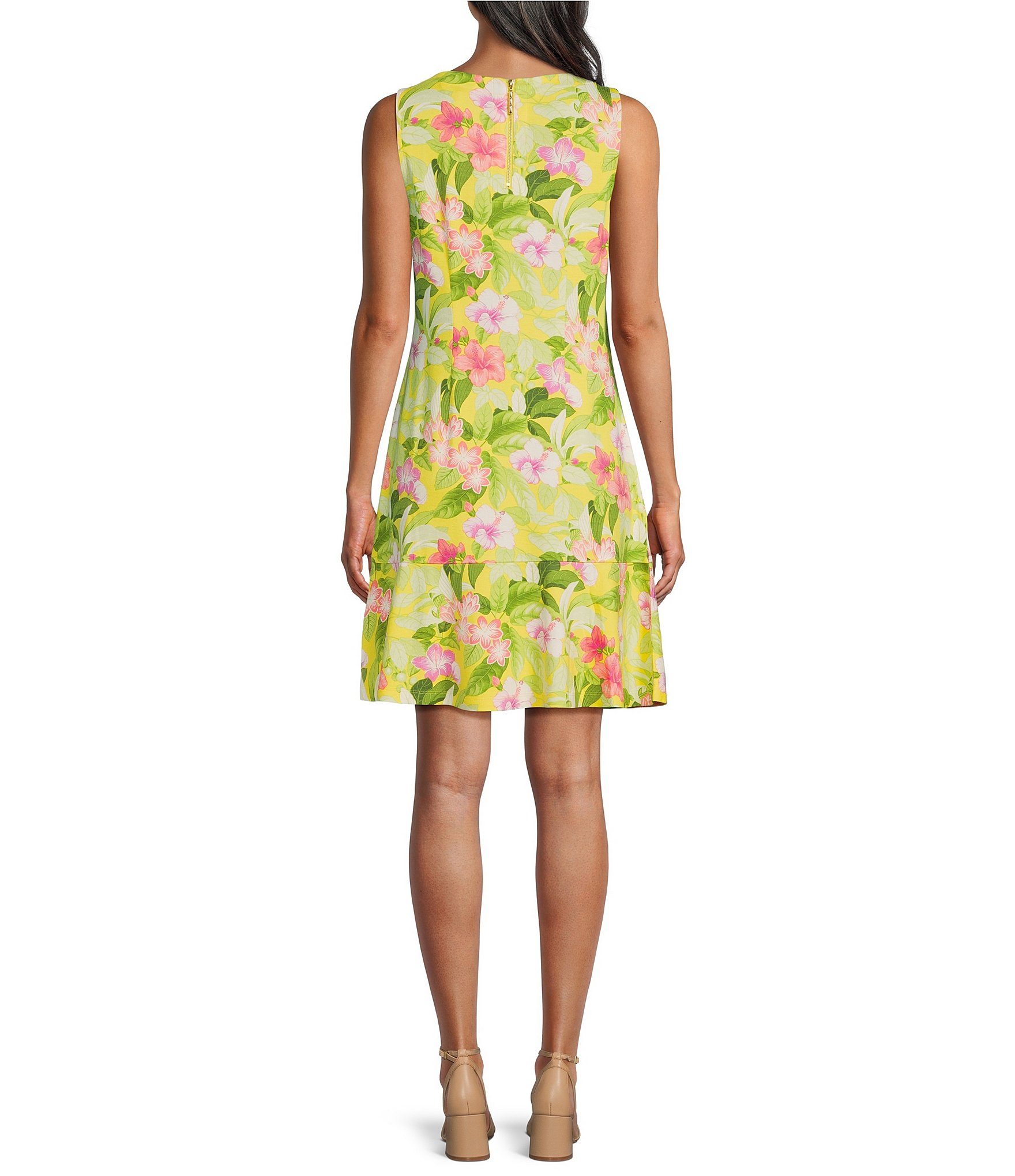 Tommy Bahama Tropical Floral Print Crew Neck Sleeveless Flounce Hem Dress