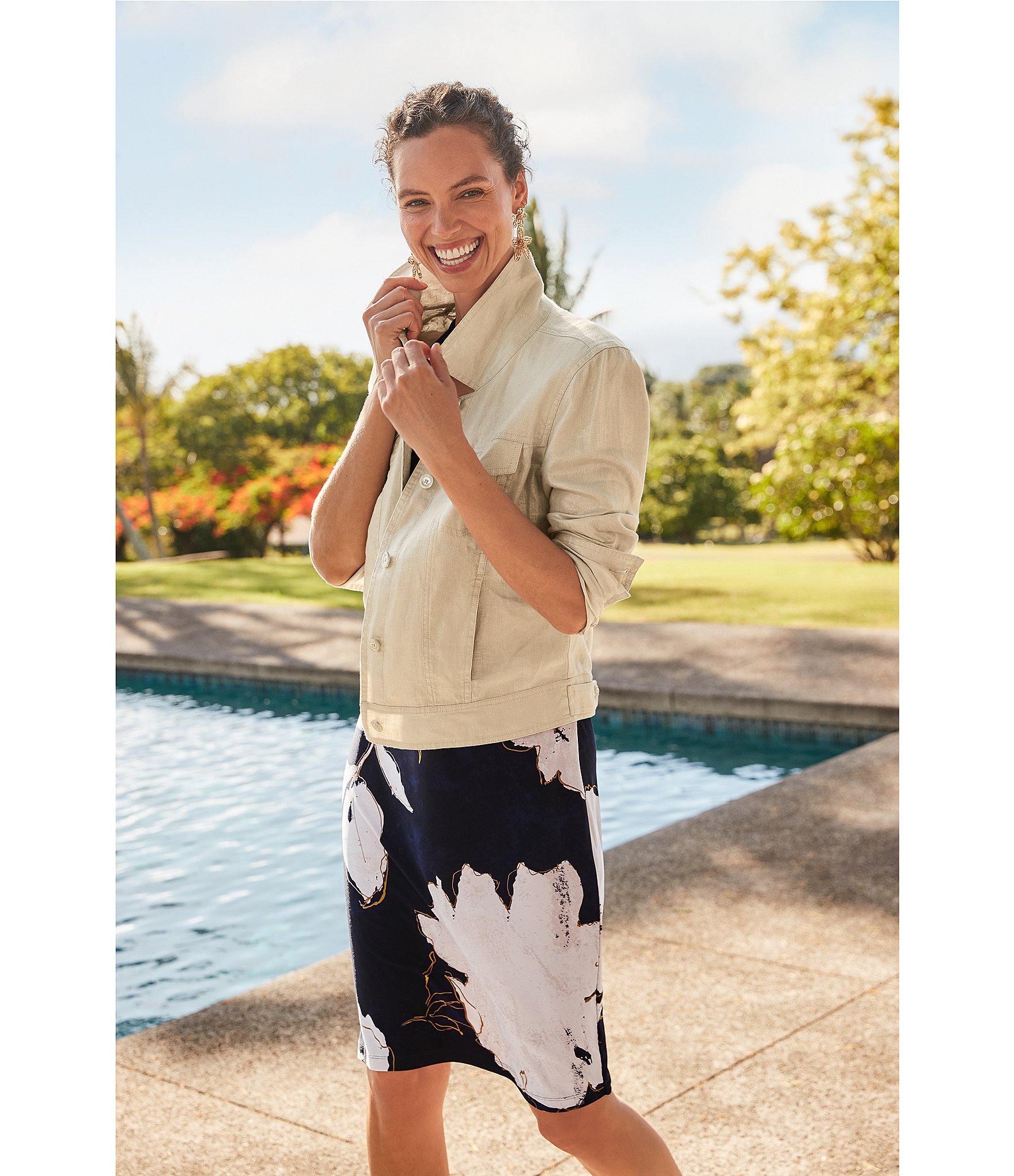 Tommy Bahama Two Palm Raw Edge Point Collar Long Sleeve Button Front Jacket