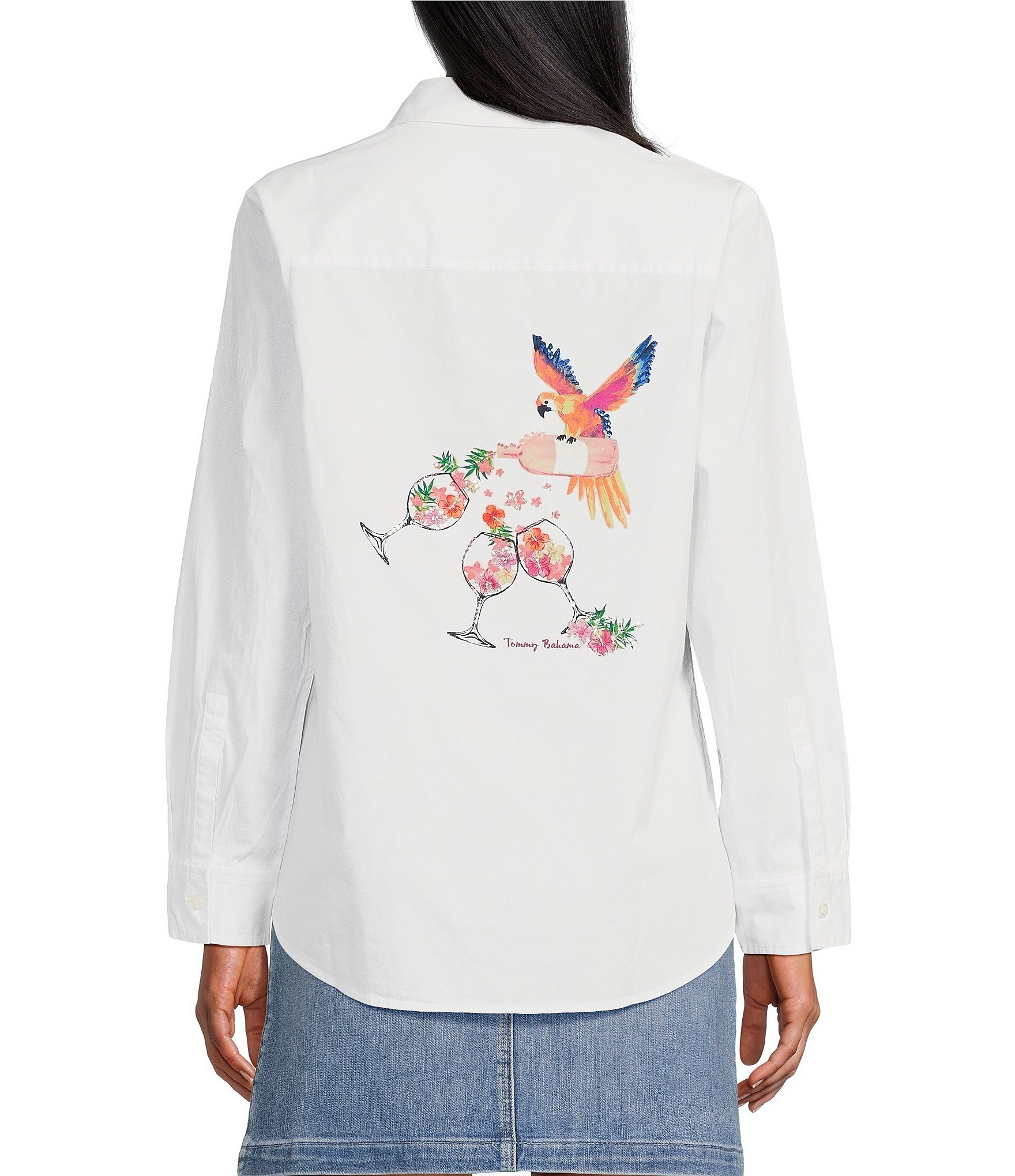 Tommy Bahama Wine Glass Embroidered Poplin Camp Collar Long Sleeve Button-Front Shirt
