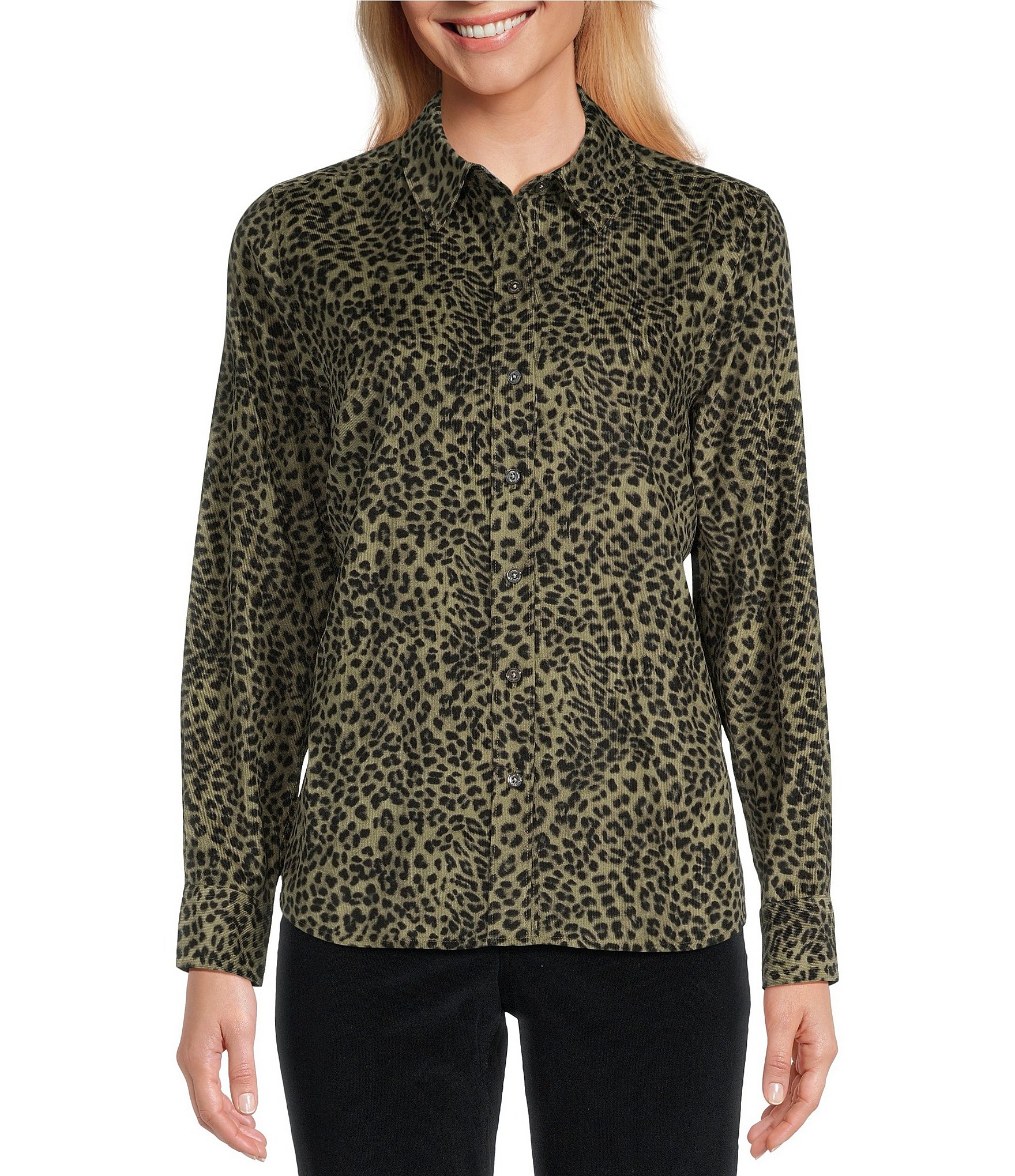 Tommy Bahama Woven Lovely Leopard Print Corduroy Point Collar Long ...