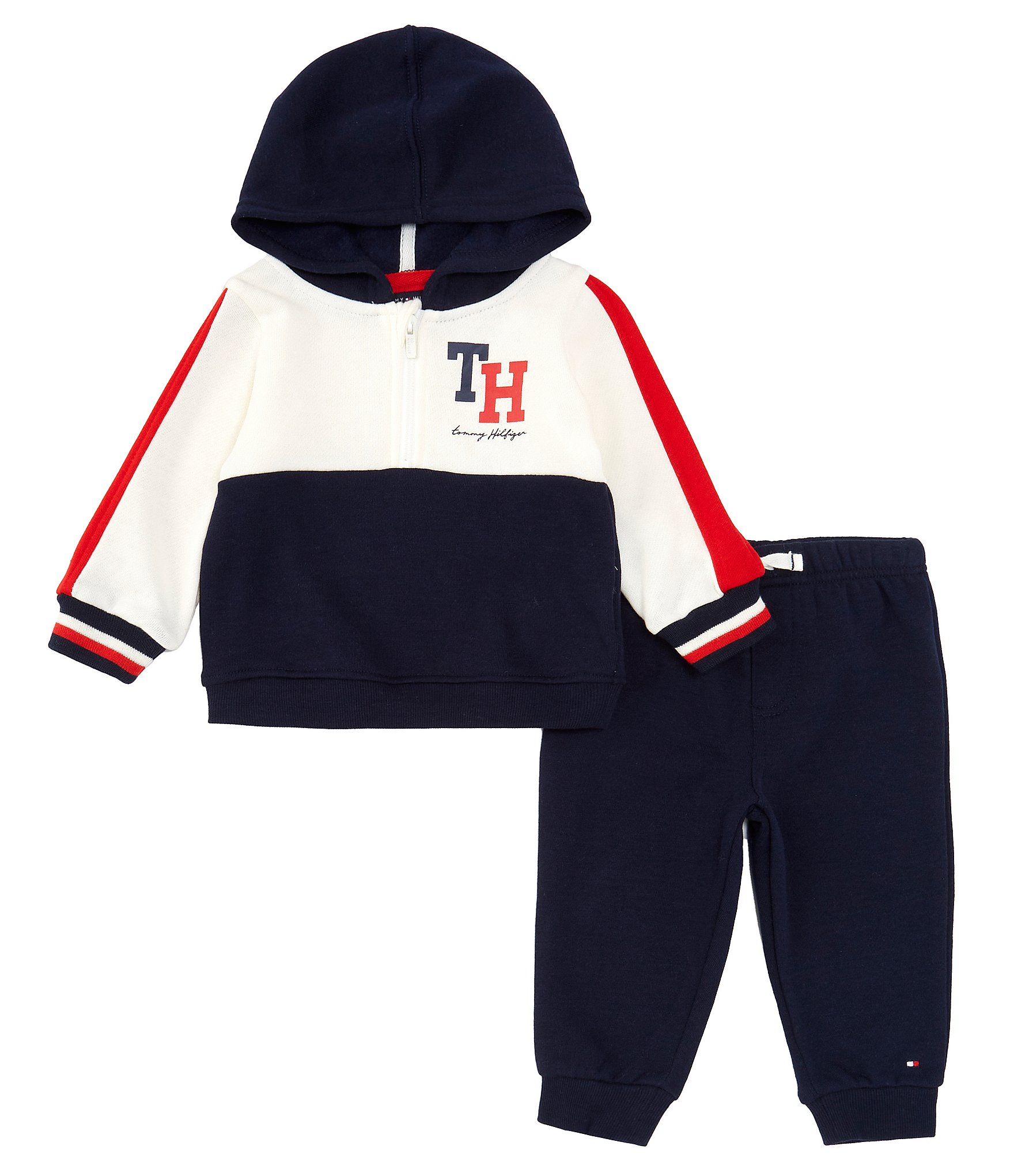 Tommy Hilfiger Baby Boys 3-24 Fleece Dillard\'s & Solid Detailed Block Months Sleeve Set Long Jacket Fleece Logo Pant Hoodie Jogger Color 