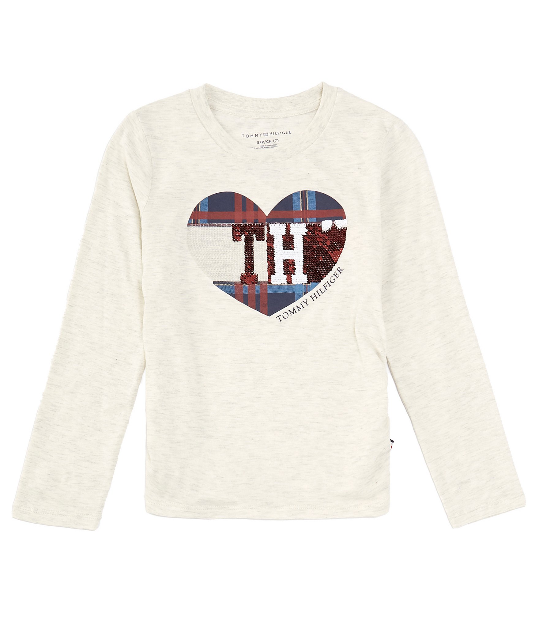 Tommy Hilfiger Big Girls 7-16 Long Sleeve Flip-Sequin Logo Heart T