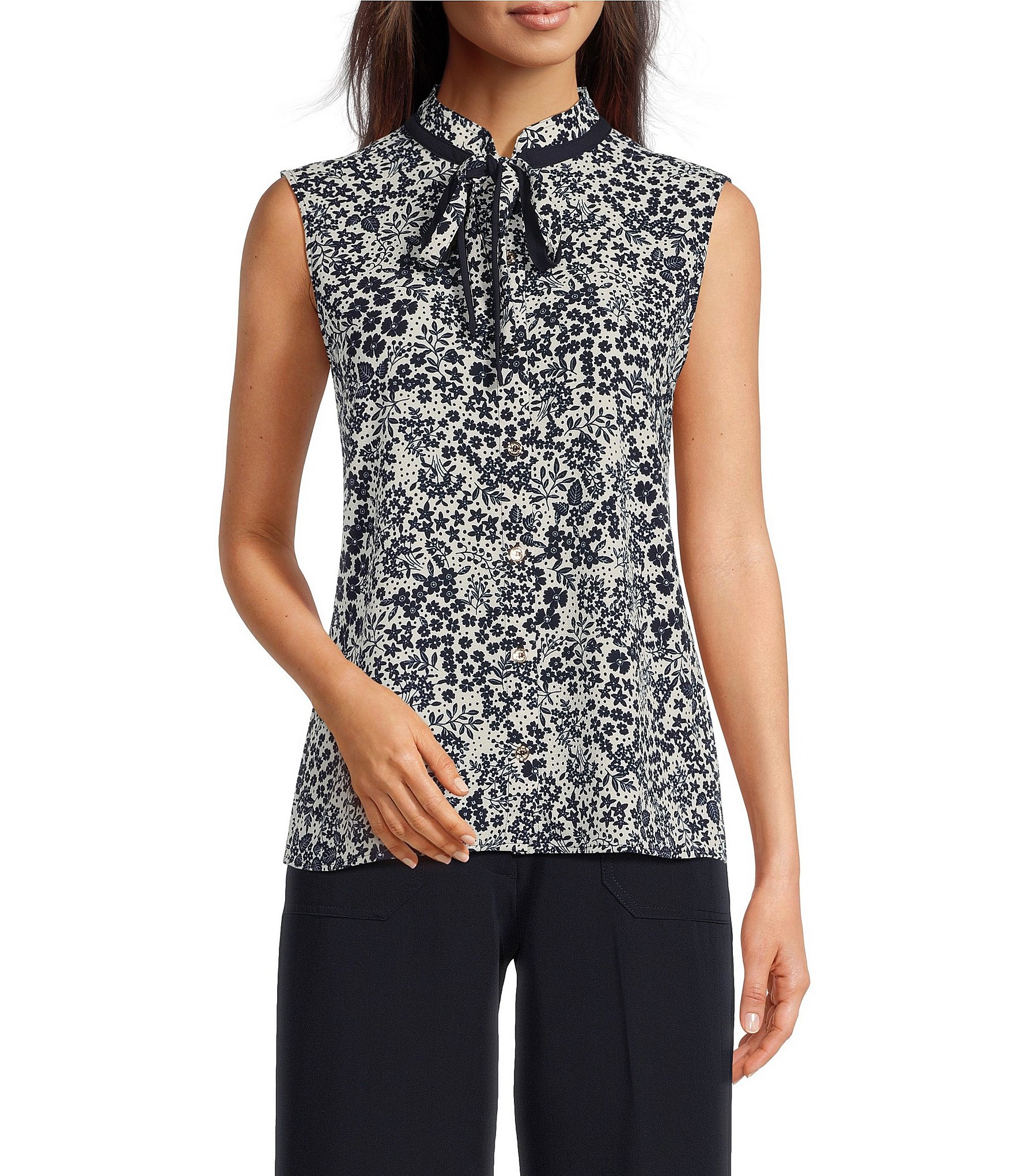 Tommy Hilfiger Bubble Crepe Mock Neck Sleeveless Ditsy Floral Print ...