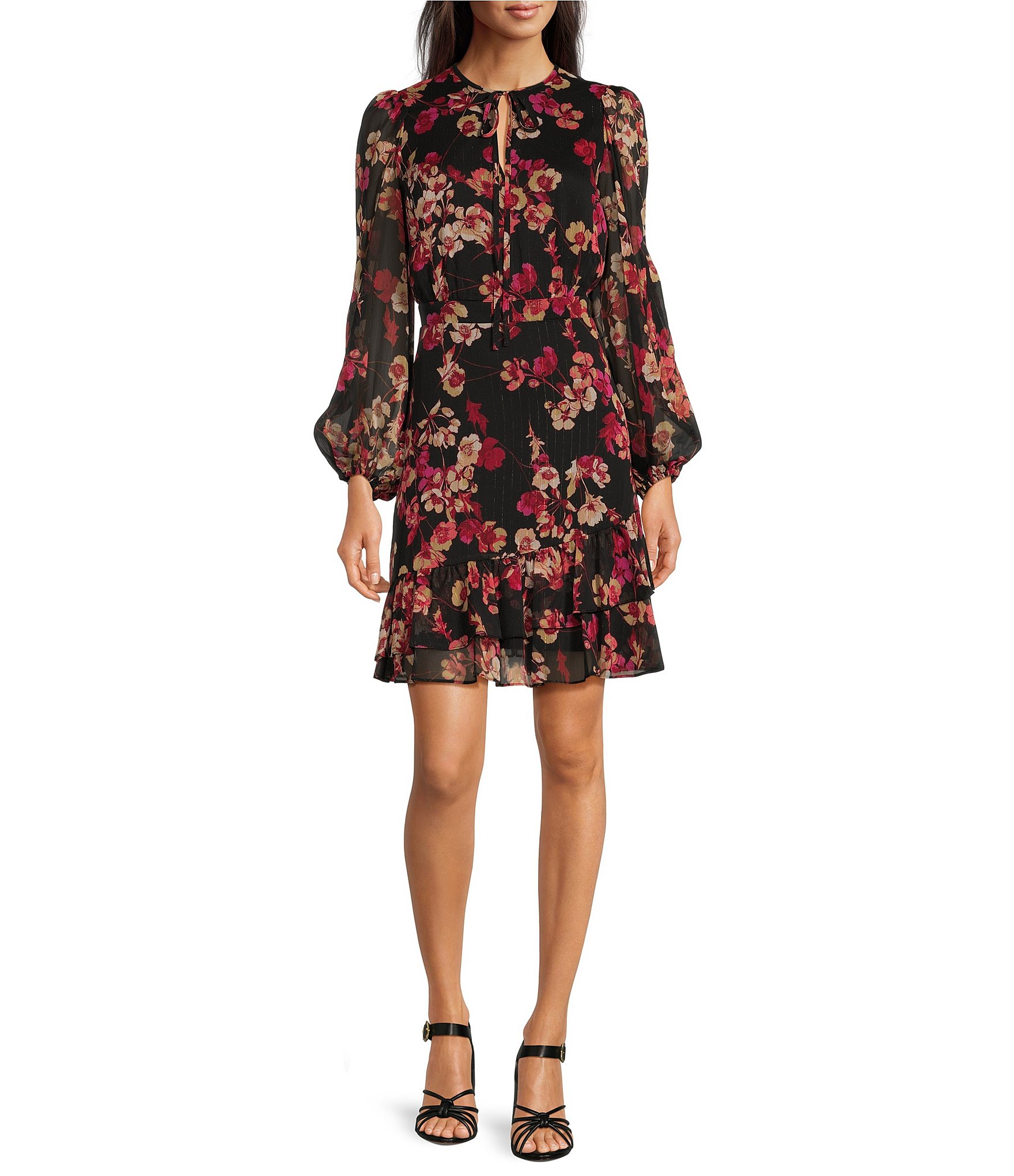 Tommy Hilfiger Floral Long Sleeve Mock Neck Ruffle Hem Chiffon Short Dress  | Dillard's