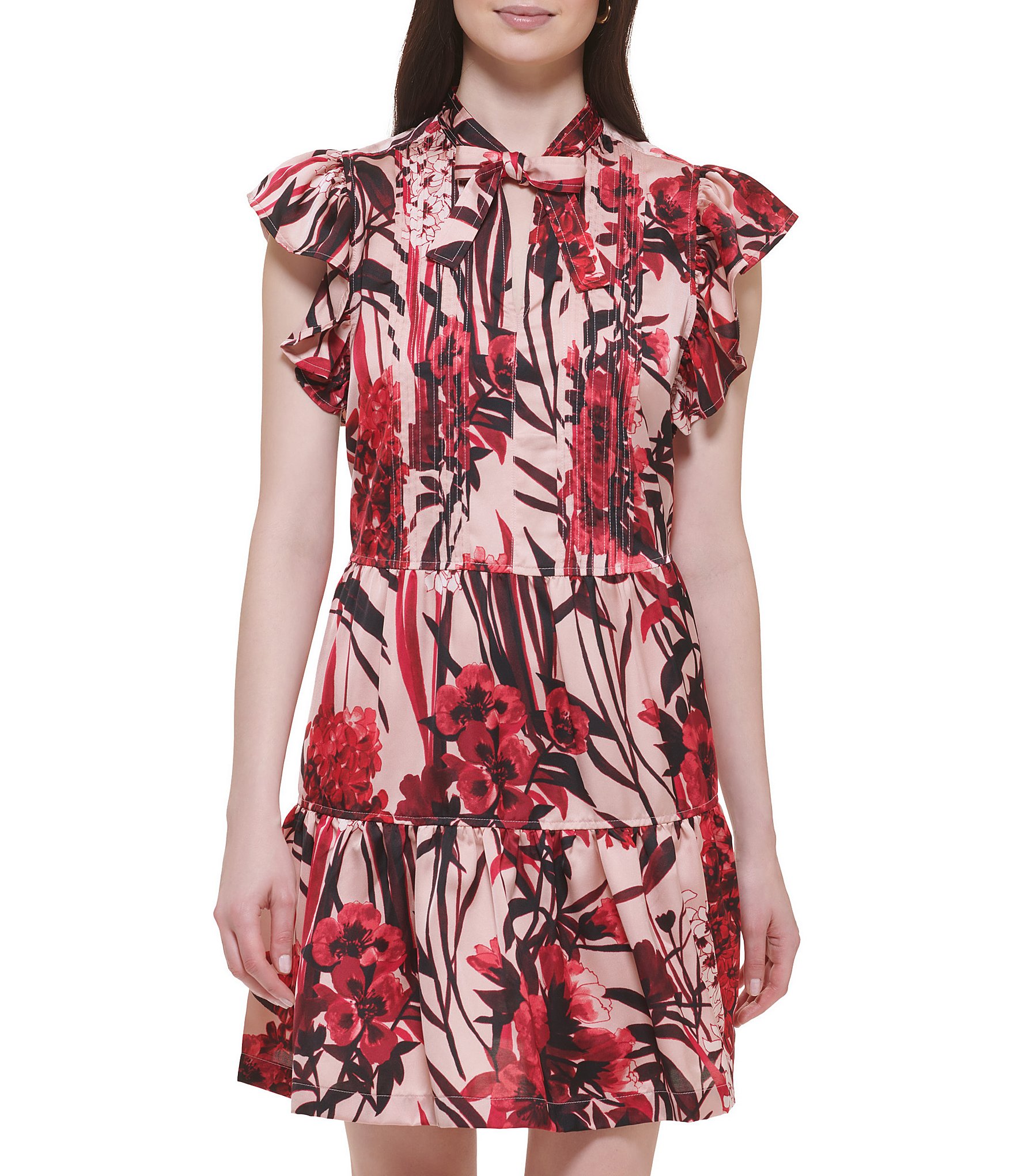 Tommy Tiered Sleeve Hilfiger Ruffle Short Tie Dress Print Floral Dillard\'s Neck |