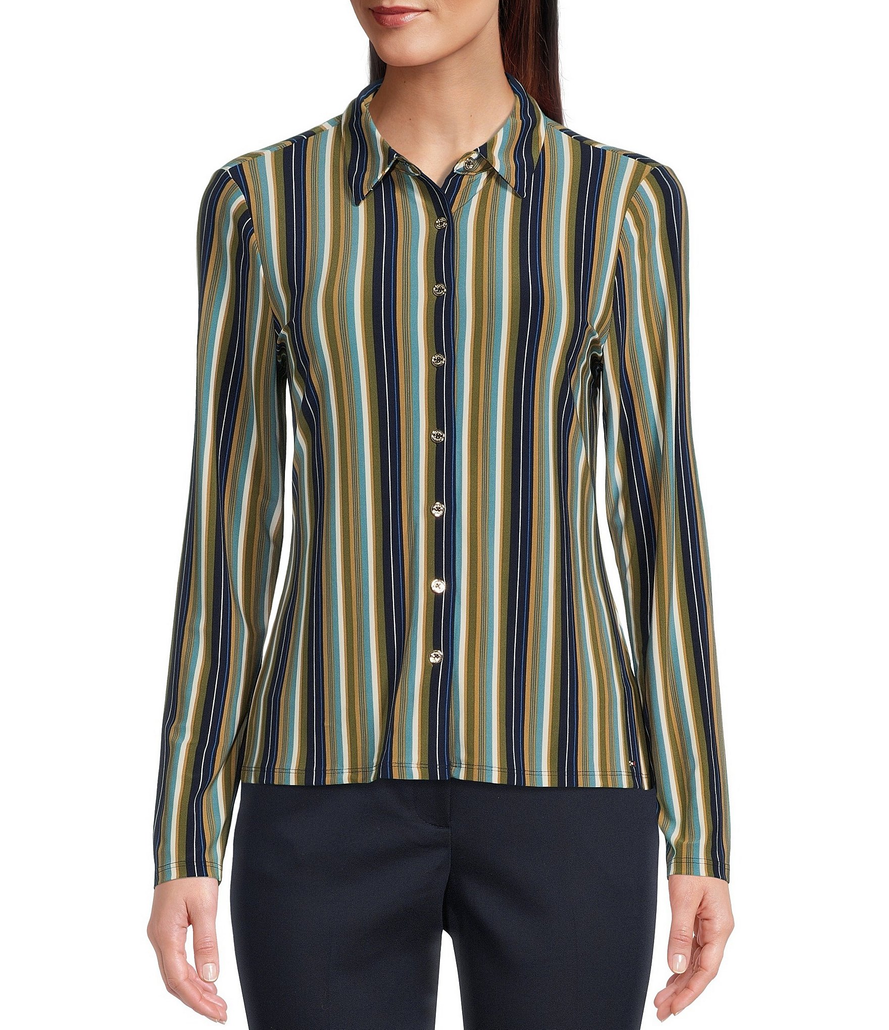 Tommy Hilfiger Stripe Print Matte Jersey Point Collar Button Front Long  Sleeve Top | Dillard's