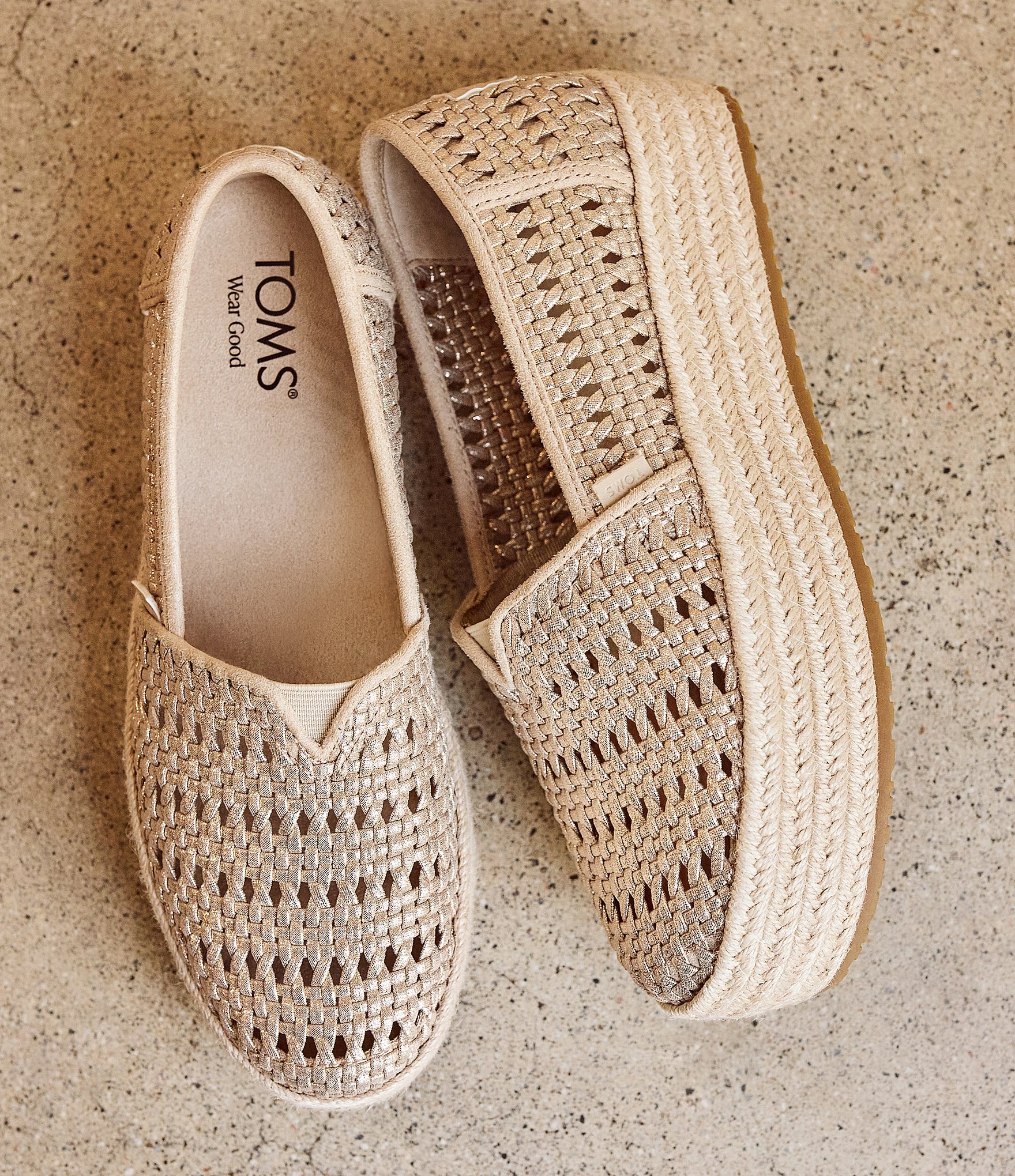 TOMS Valencia Metallic Woven Leather Platform Espadrille Loafers