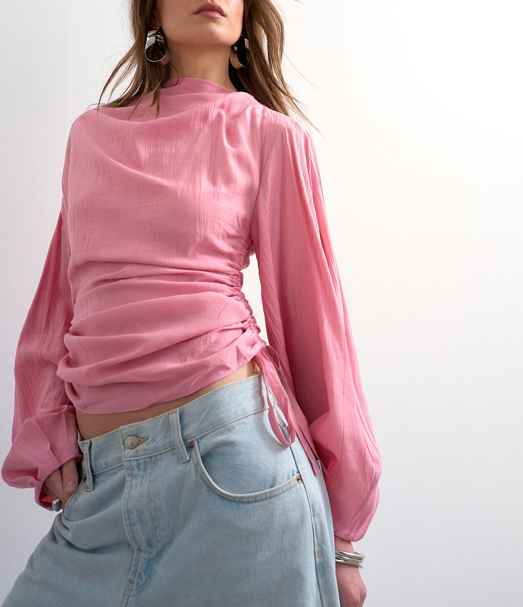 TOPSHOP Long Puffy Sleeve Ruched Tie Side Top