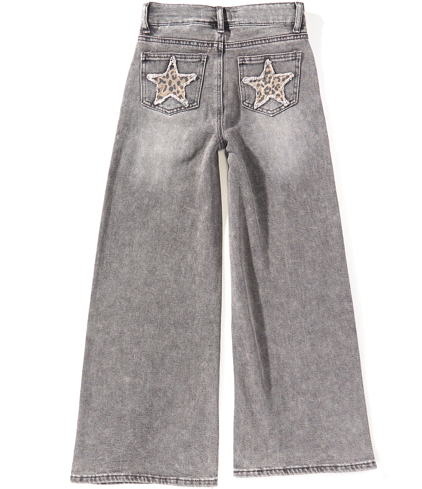 Tractr Big Girls Leopard Printed Star Patch Pocket Wide Leg Jeans
