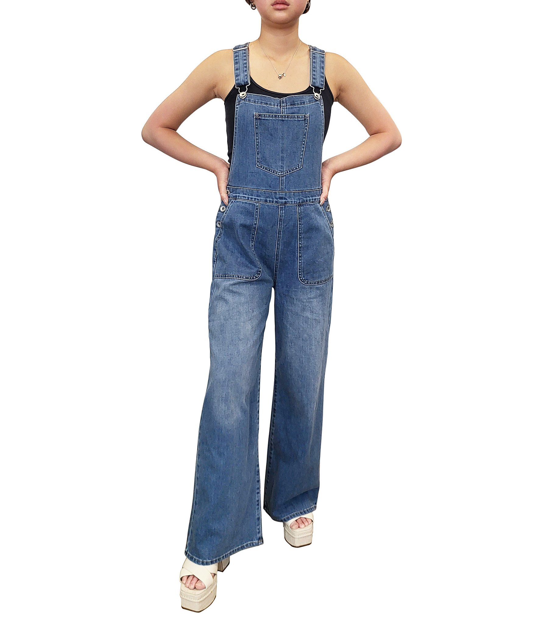 Tractr Denim Square Neck Wide Leg Overalls