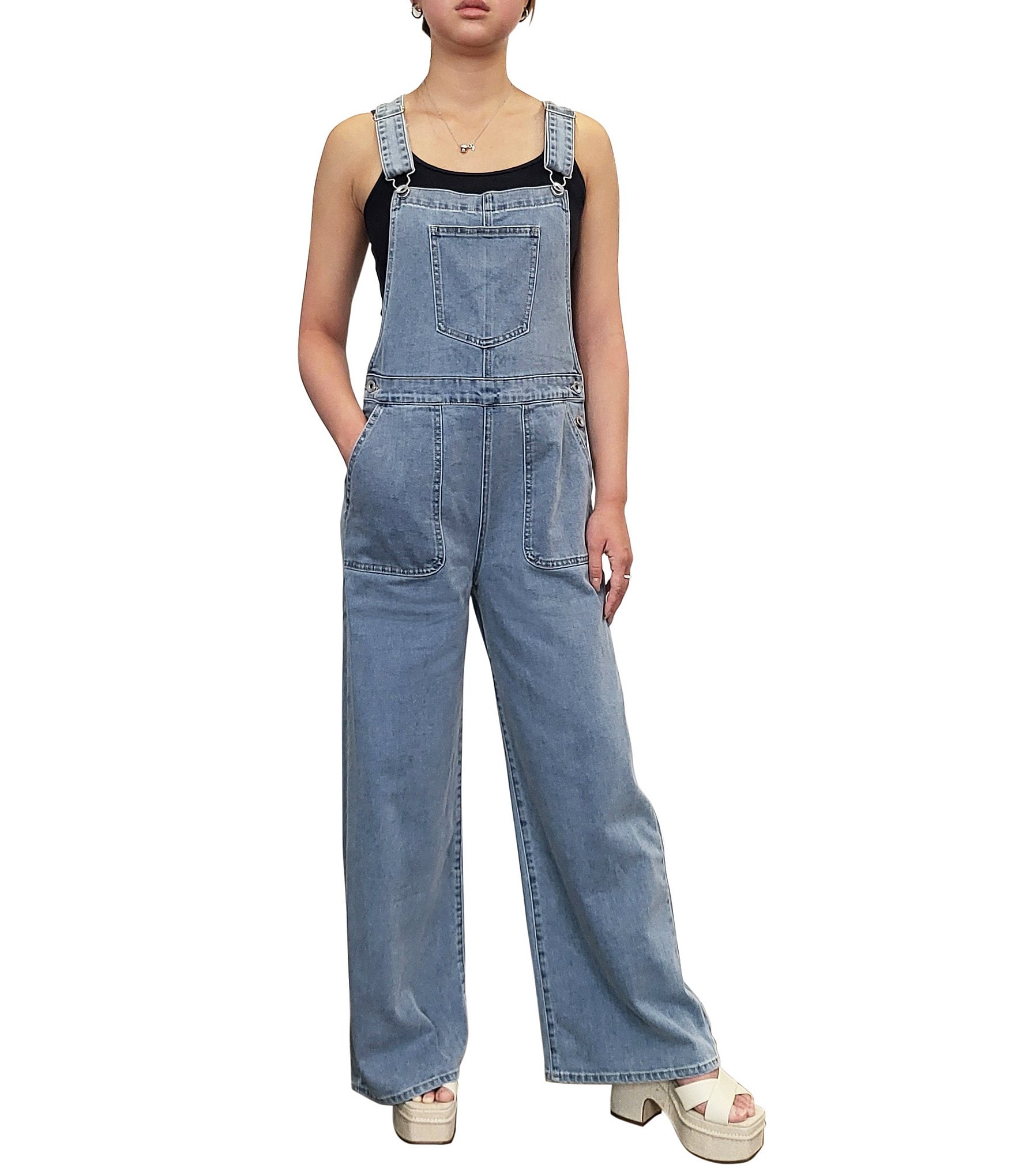 Tractr Denim Square Neck Wide Leg Overalls