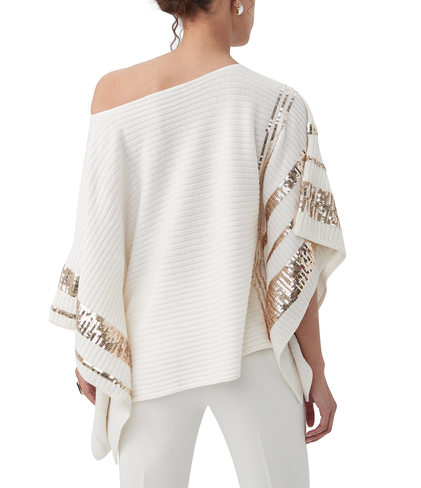 Trina Turk Adela Ribbed Knit Off-The-Shoulder 3/4 Dolman Sequin Sleeve Top