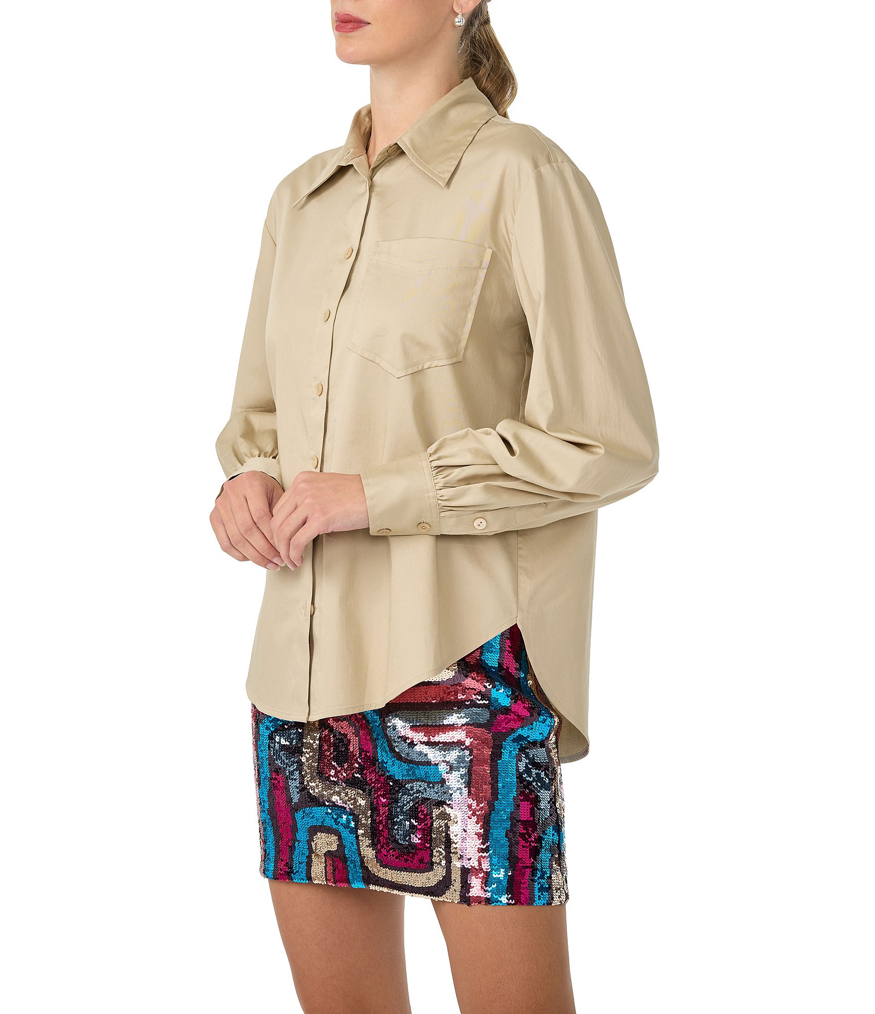 Trina Turk Burle Sateen Point Collar Long Sleeve Button Front Shirt