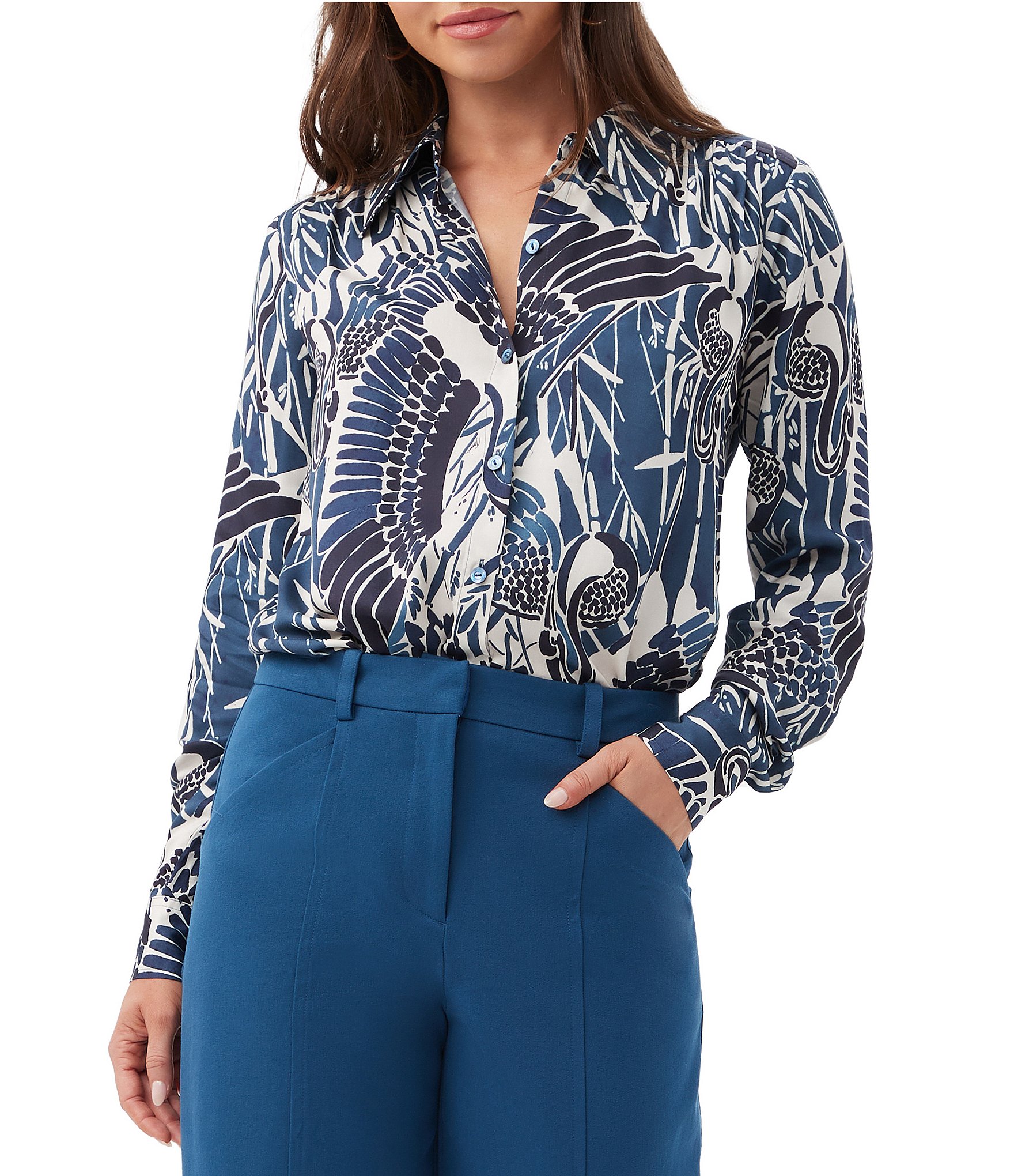 Trina Turk Cassavetes Printed Point Collar Long Sleeve Button Down Shirt