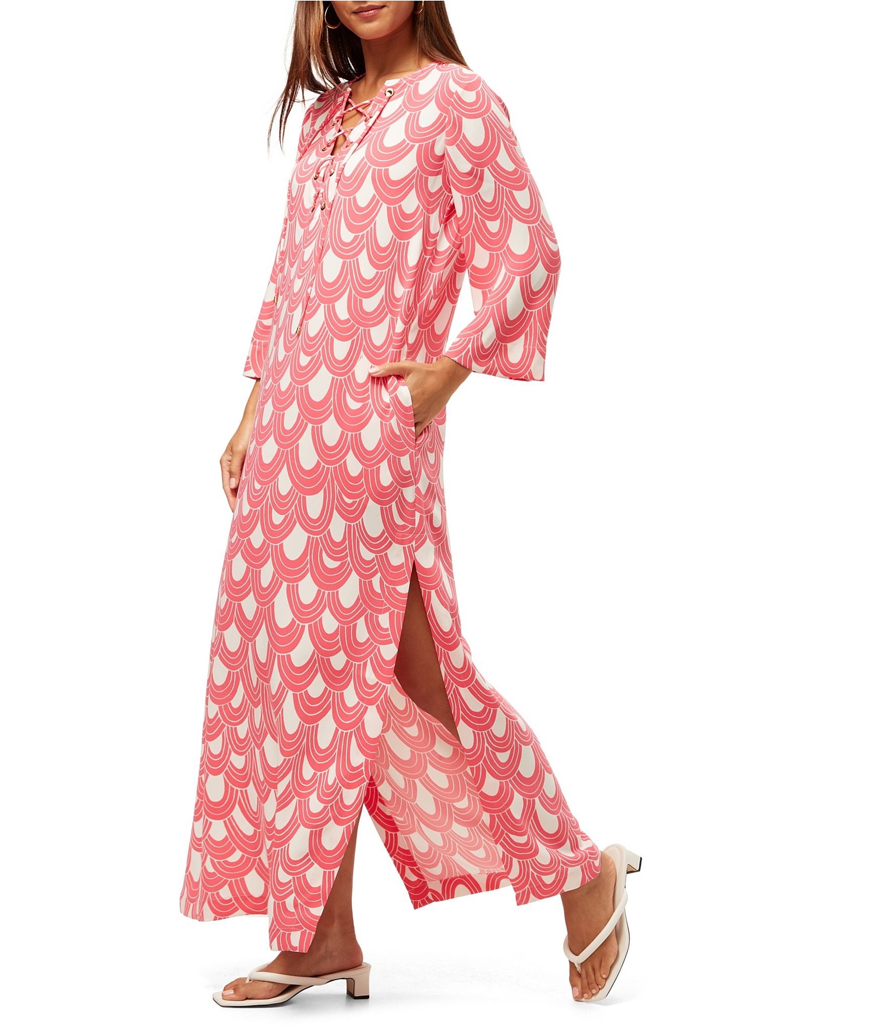 Trina Turk Catamaran Drape Print Lace-Up V-Neck 3/4 Sleeve Maxi Dress