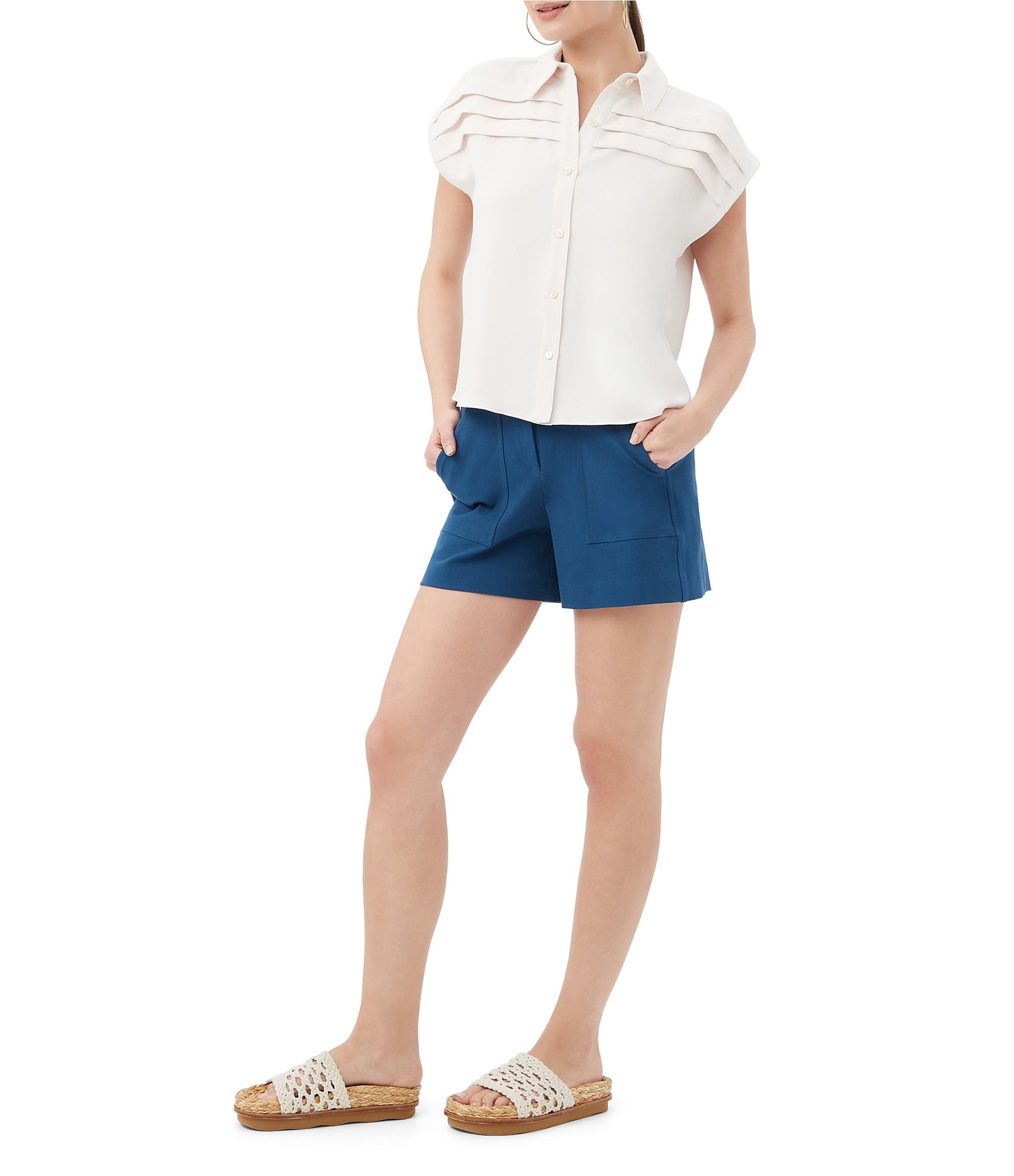Trina Turk Cheri Georgette Point Collar Cap Sleeve Pleated Blouse