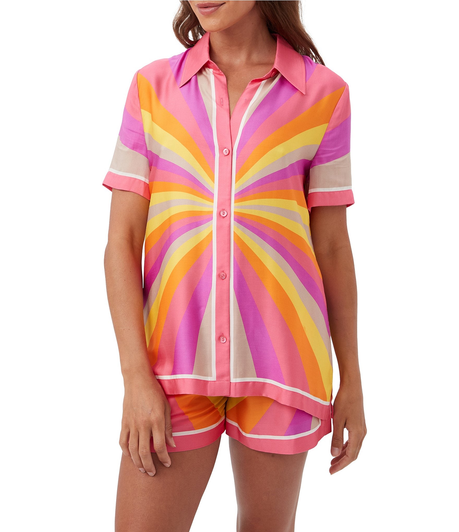 Trina Turk Ember Multi Print Point Collar Button Front Short