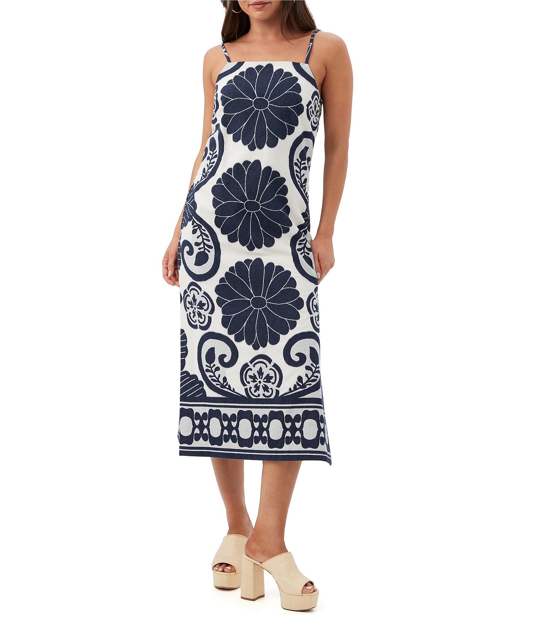 Trina Turk Marita Fil Coupe Placement Print Square Neck Sleeveless Midi Dress