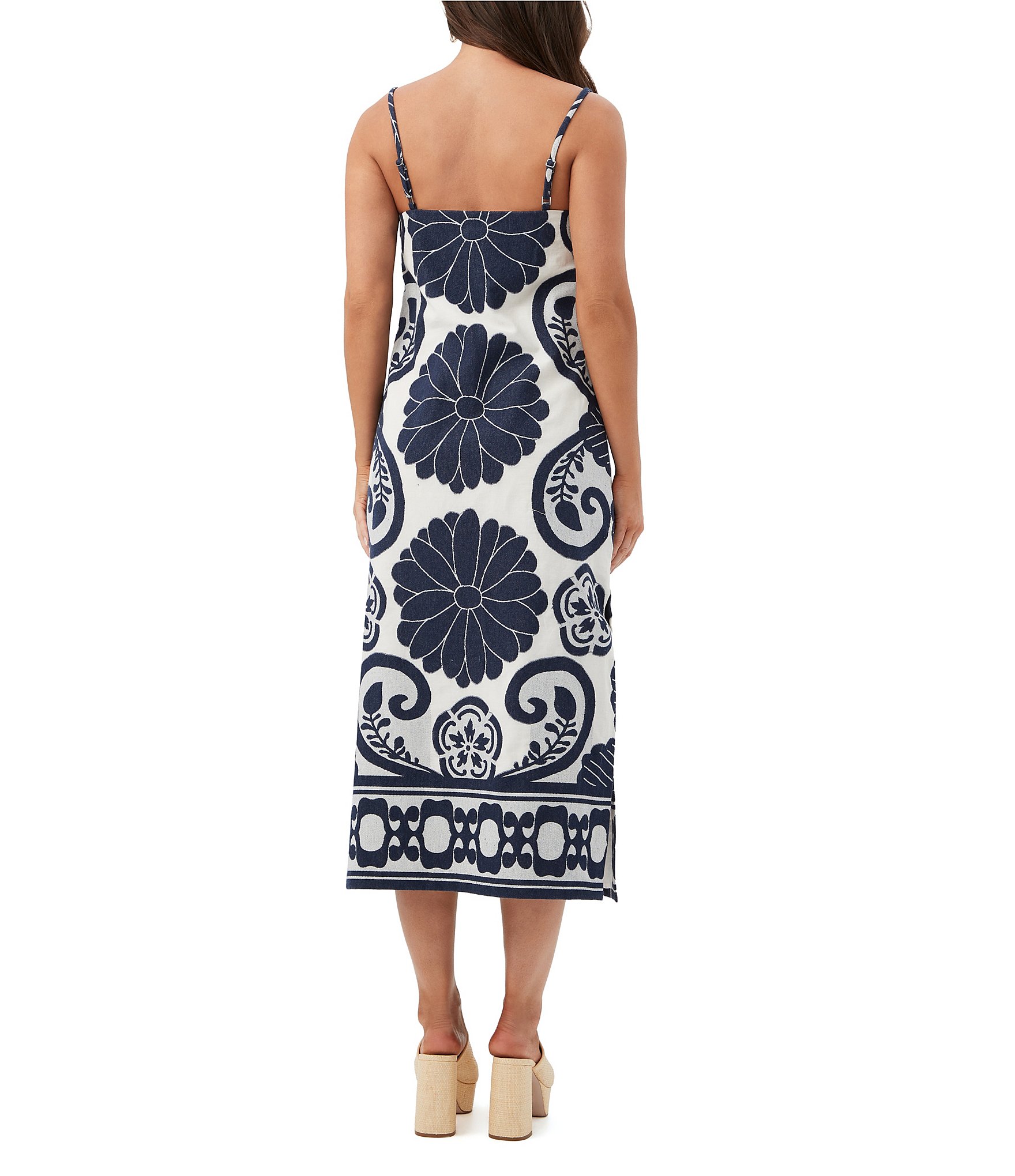 Trina Turk Marita Fil Coupe Placement Print Square Neck Sleeveless Midi Dress