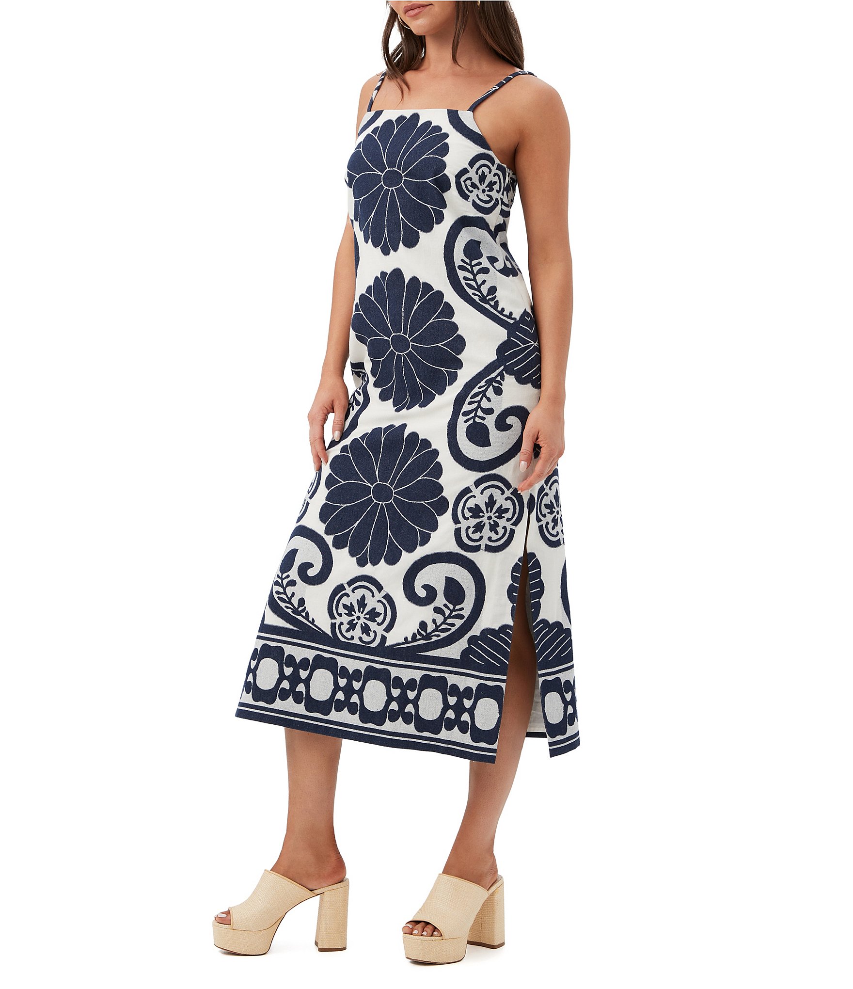 Trina Turk Marita Fil Coupe Placement Print Square Neck Sleeveless Midi Dress