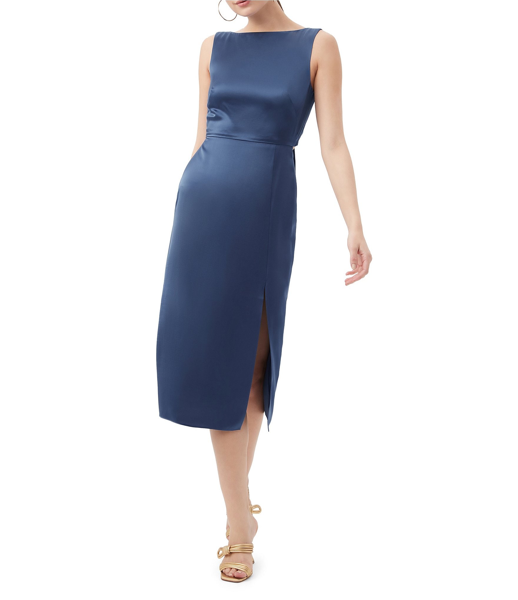 Trina Turk Mochi Satin Boat Neck Sleeveless Sheath Midi Dress