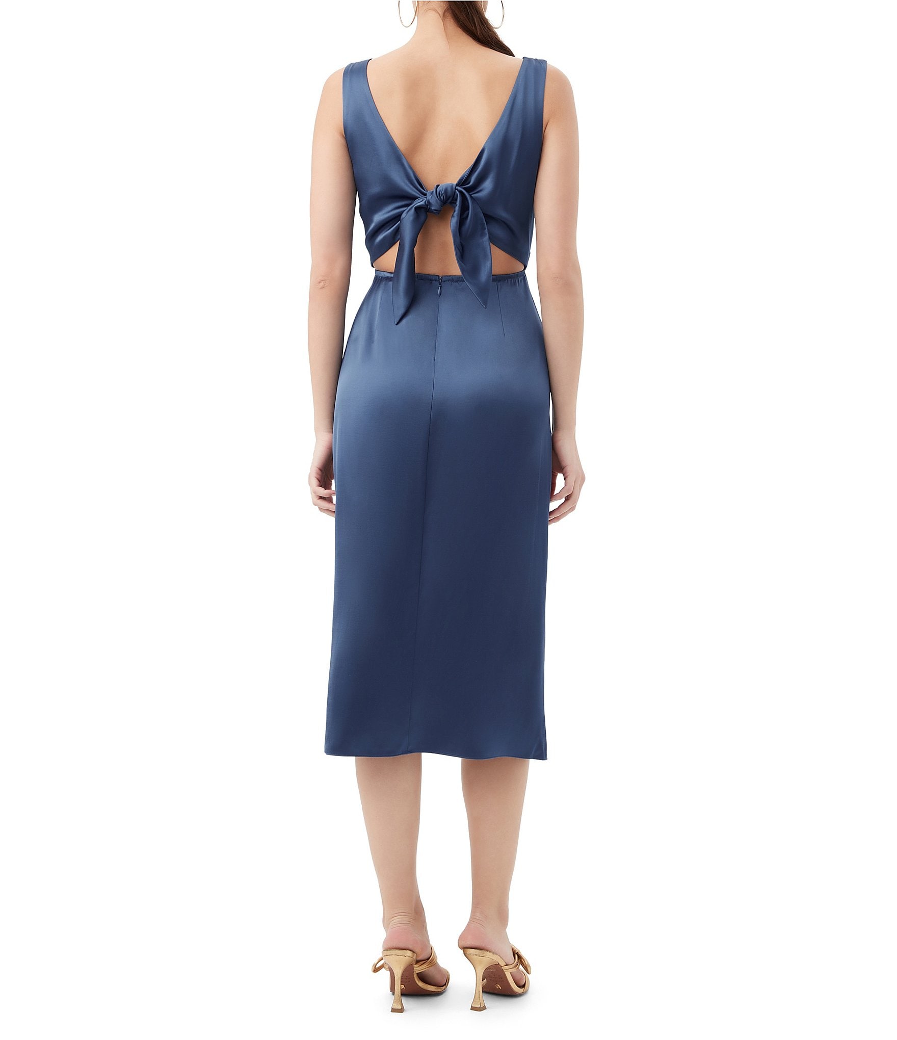 Trina Turk Mochi Satin Boat Neck Sleeveless Sheath Midi Dress