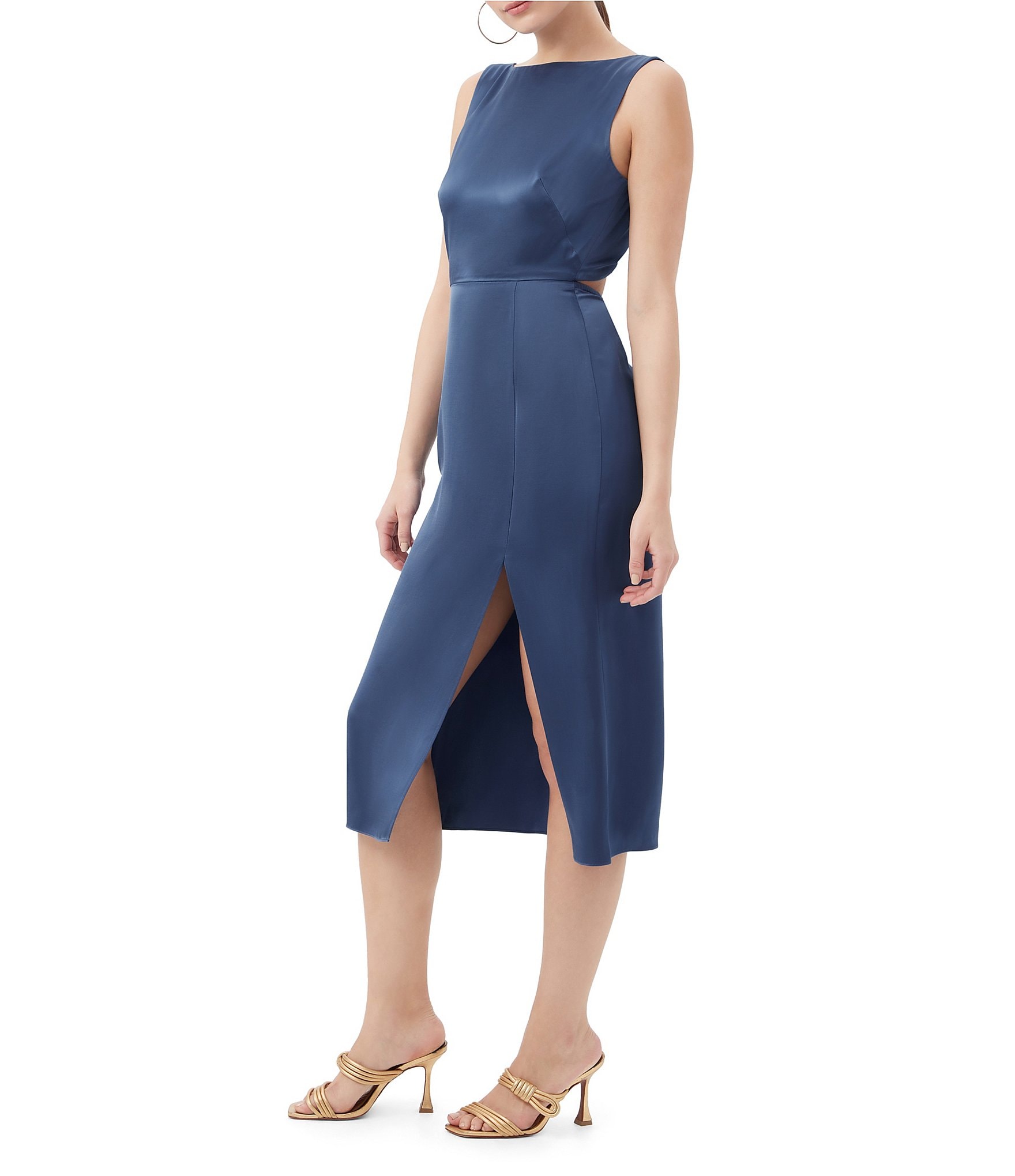 Trina Turk Mochi Satin Boat Neck Sleeveless Sheath Midi Dress