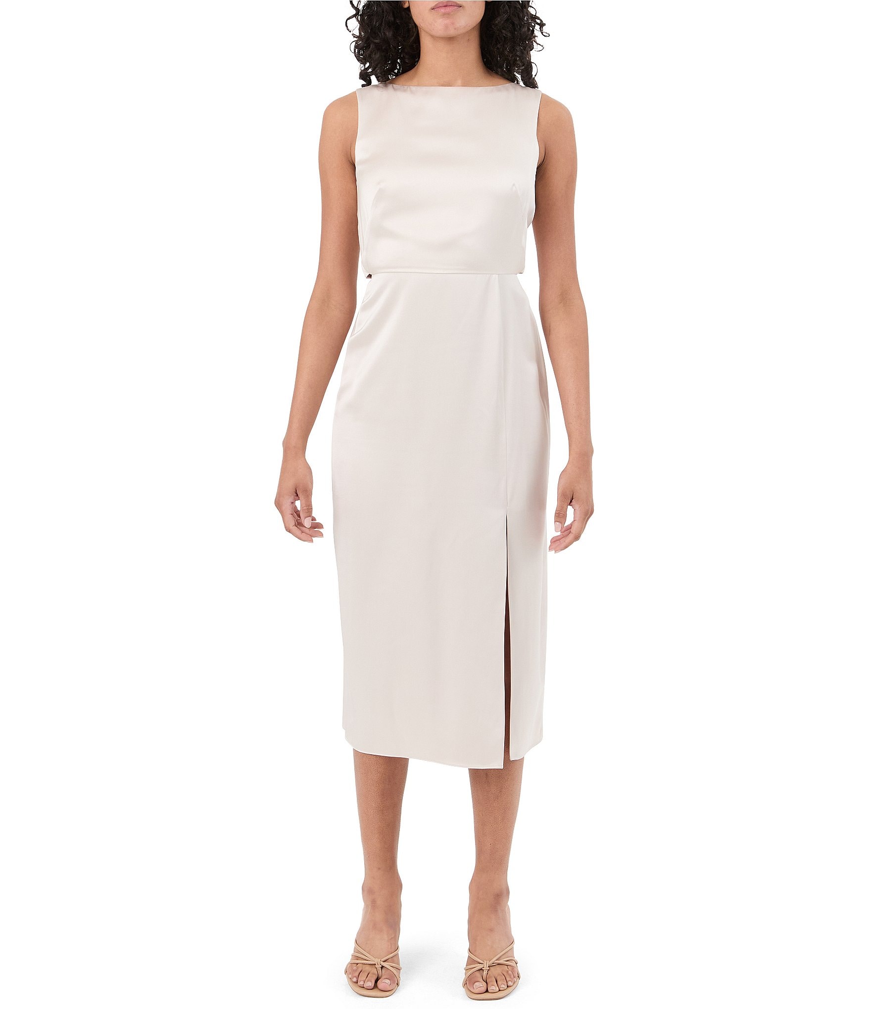 Trina Turk Mochi Satin Boat Neck Sleeveless Sheath Midi Dress